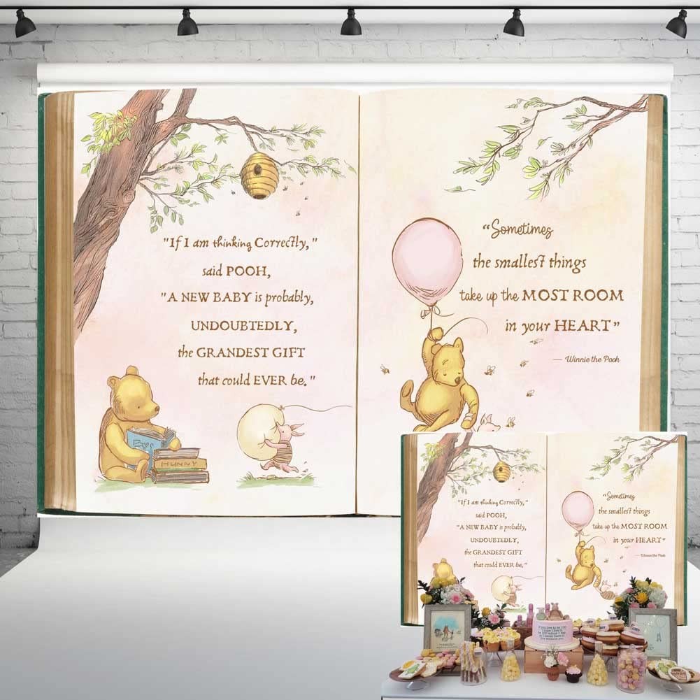 Vintage Pooh Bear Baby Shower Backdrop for Girl Retro 7×5 ft, Pink, Yellow