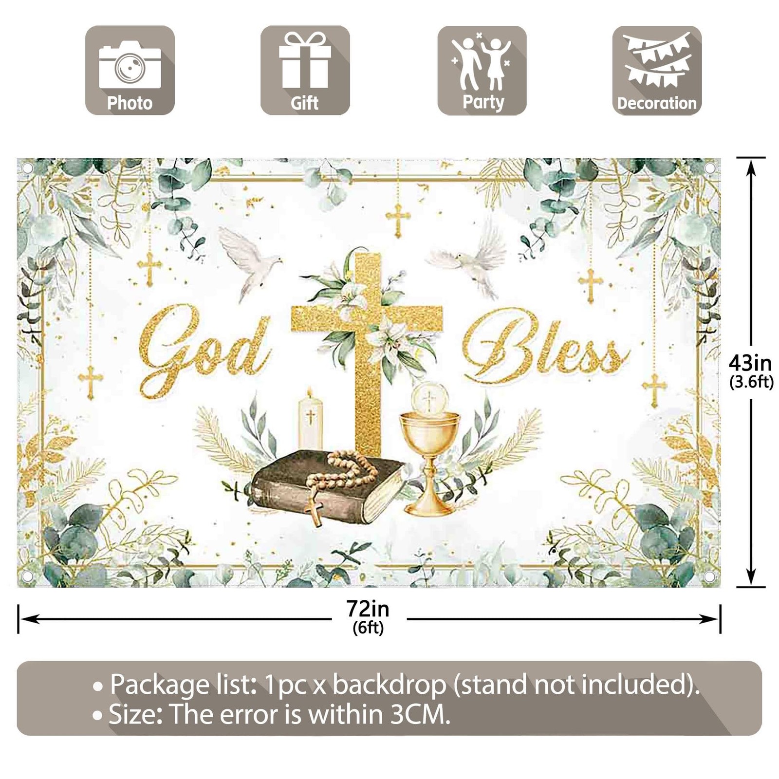Greenery God Bless Backdrop 72×43 Inch Gold Cross First Holy Communion Props