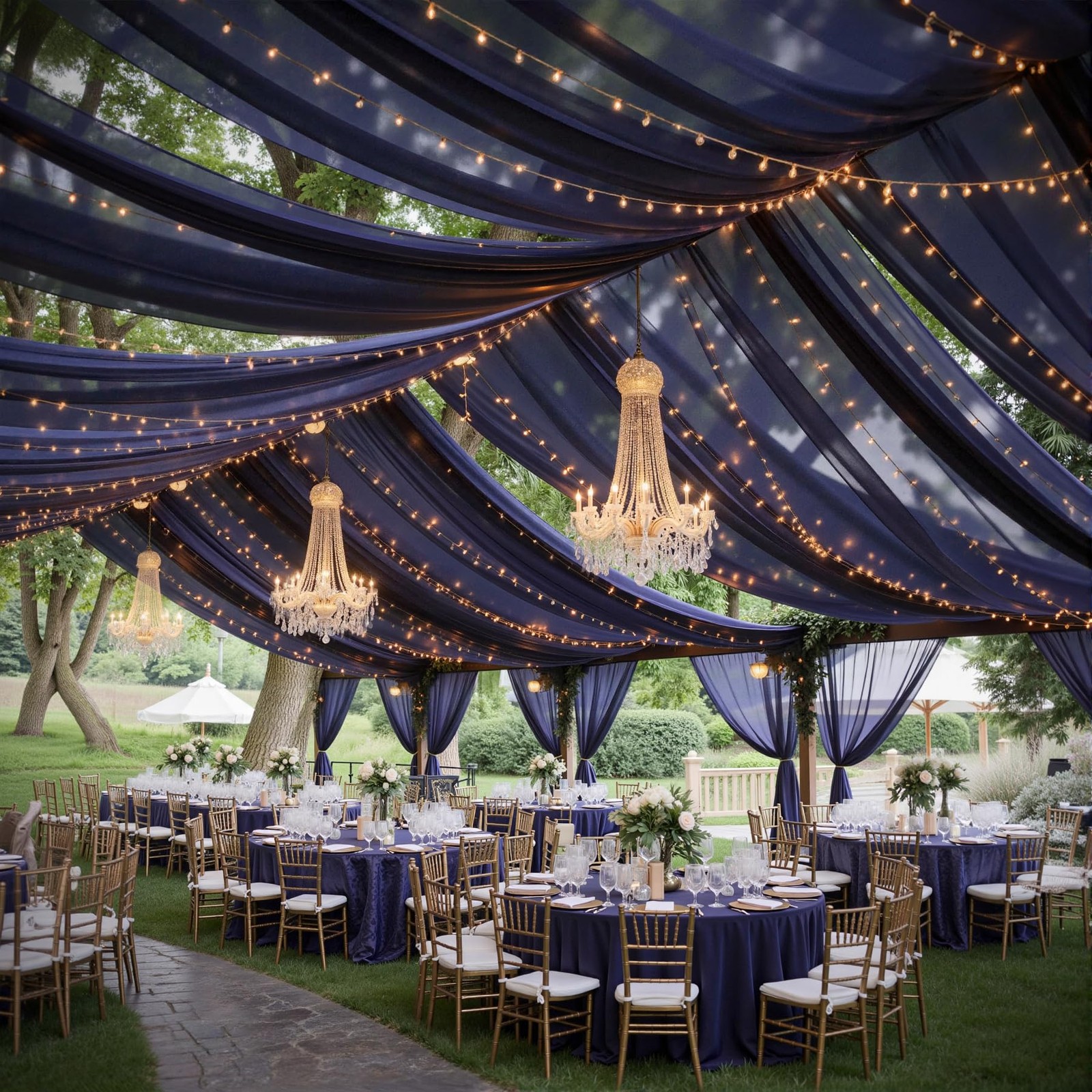 6 Panels Navy Blue Ceiling Drapes with Lights for Weddings Ceiling Drapes 5ft…