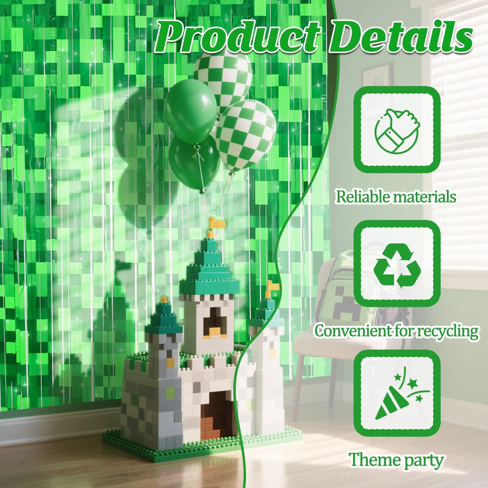 2 Pcs Green Pixel Miner Foil Fringe Curtains