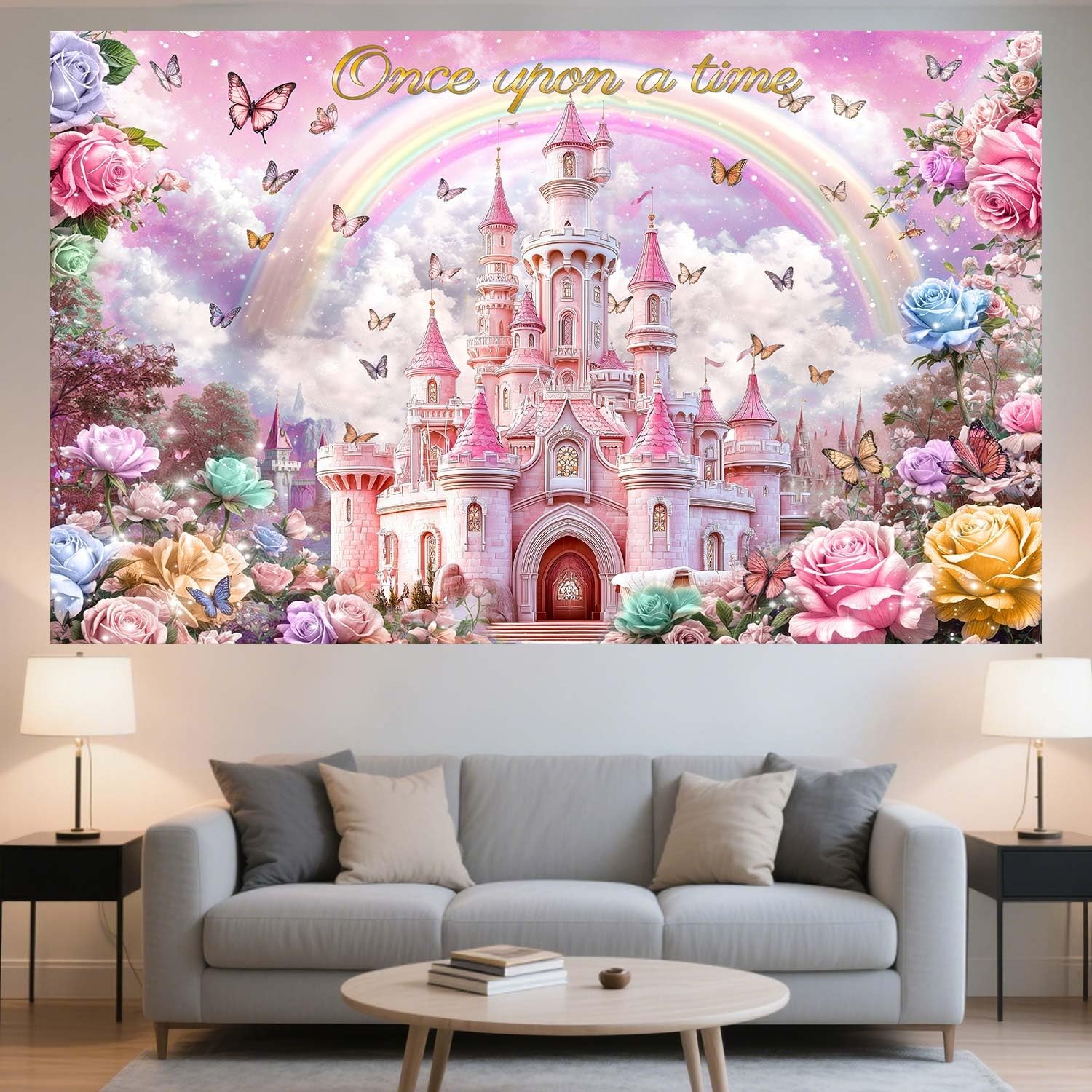 10X8ft Princess Happy Birthday Backdrop for Girls Kids Pink Castle Rainbow Bu…