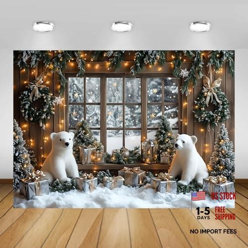 Snowy Xmas Backdrop Window – Snowy Pine Trees – Forest View – 7x5ft Bear