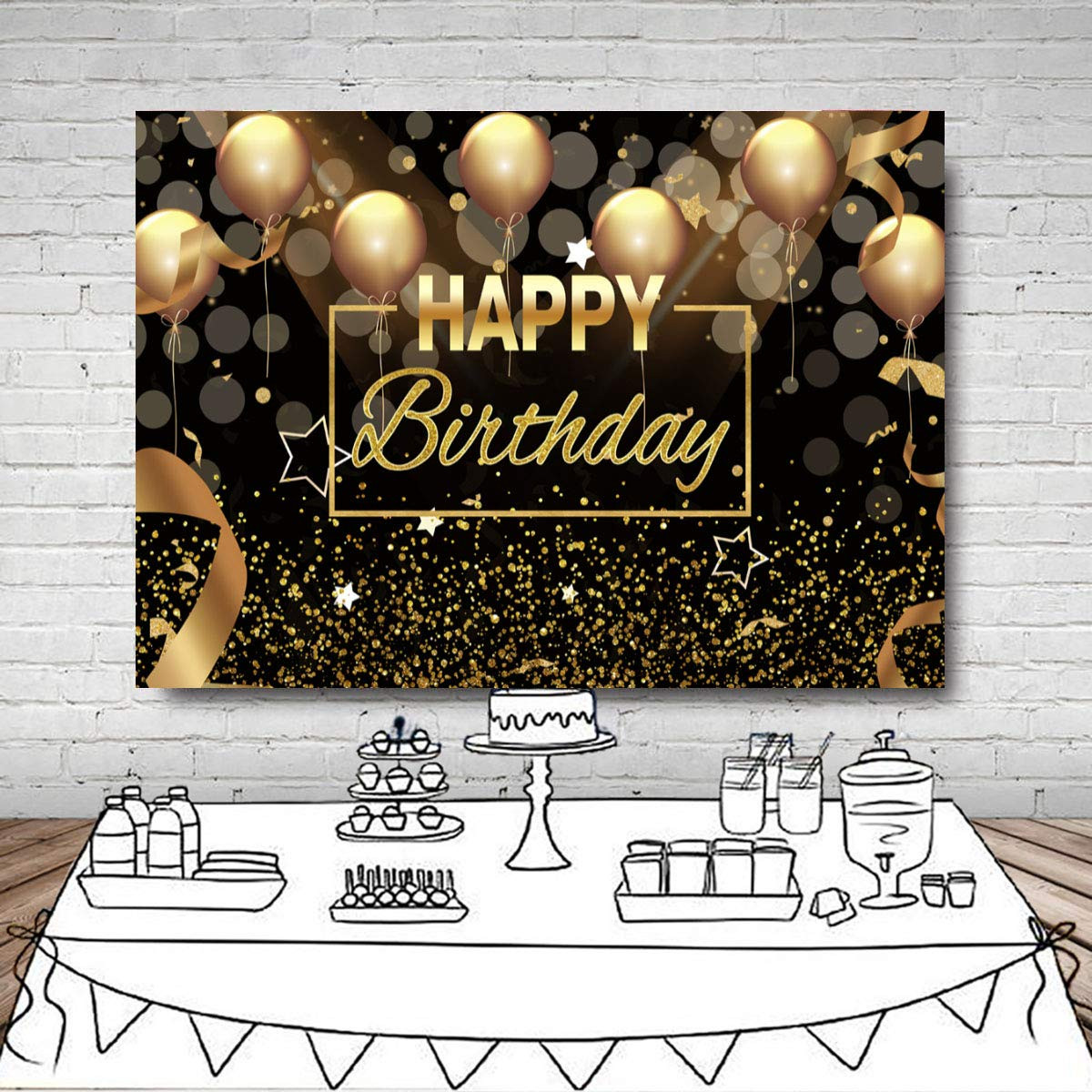 Happy Birthday Party Backdrop Banner Black Gold Balloons Glitter Bokeh Spots …