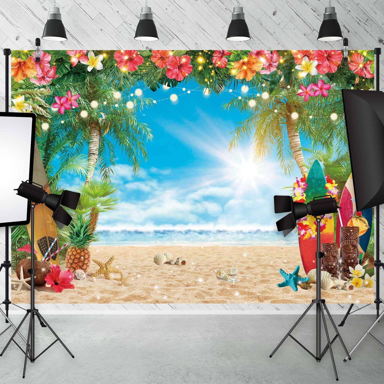 10x8FT Polyester Fabric Summer Beach Hawaiian Backdrop Seaside Tropical Flowe…