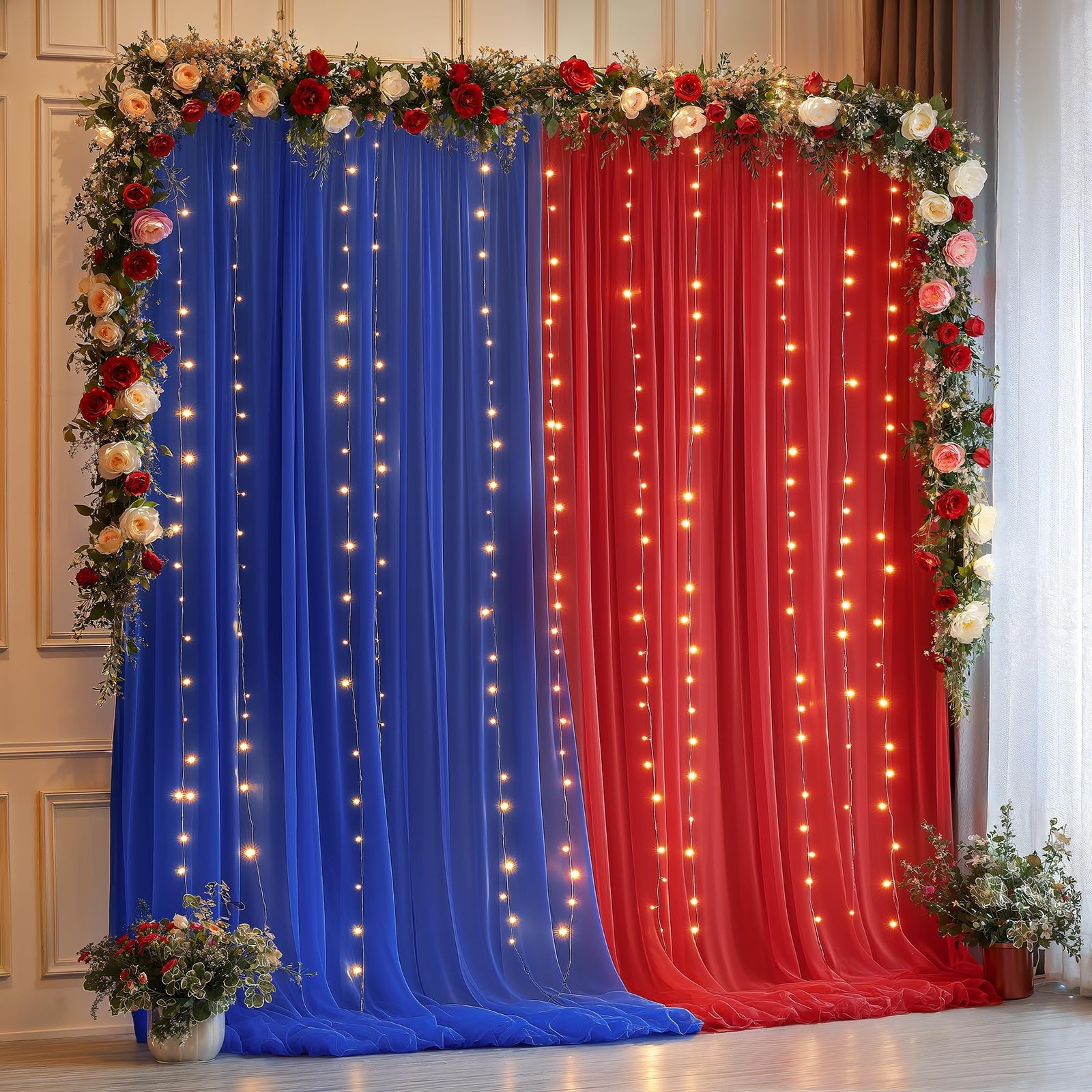 10x10ft Royal Blue Red Tulle Backdrop Curtain with Lights String for Parites,…