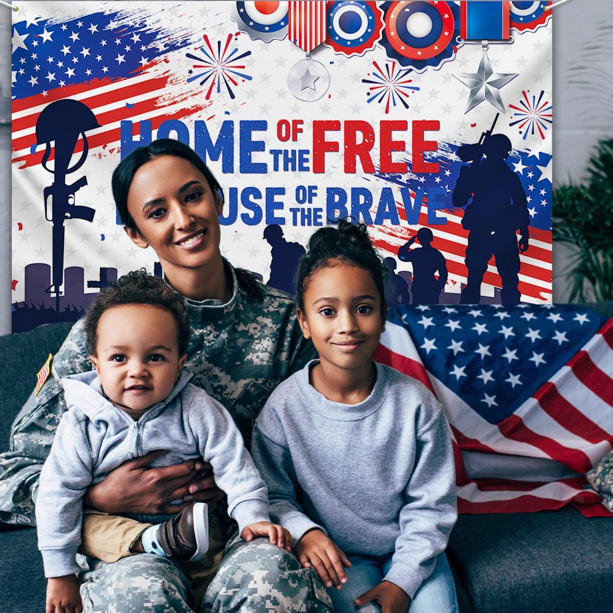 Patriotic Soldier Backdrop,4th of July Home of The Free Photo Background Banner.