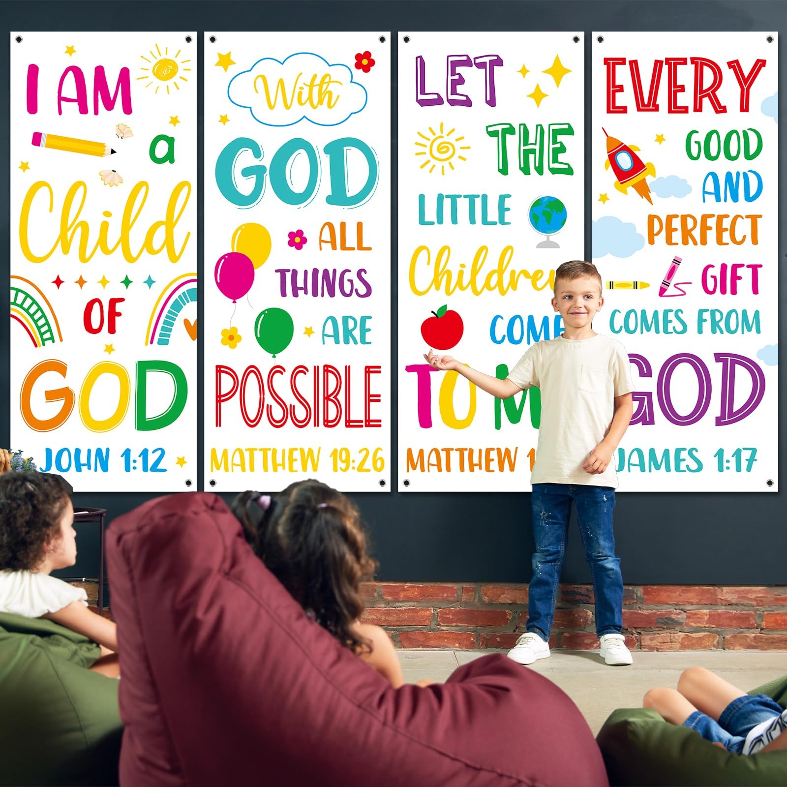 4PCS Church Banners with Scripture Religious Bible Verse Backdrops for Kids C…