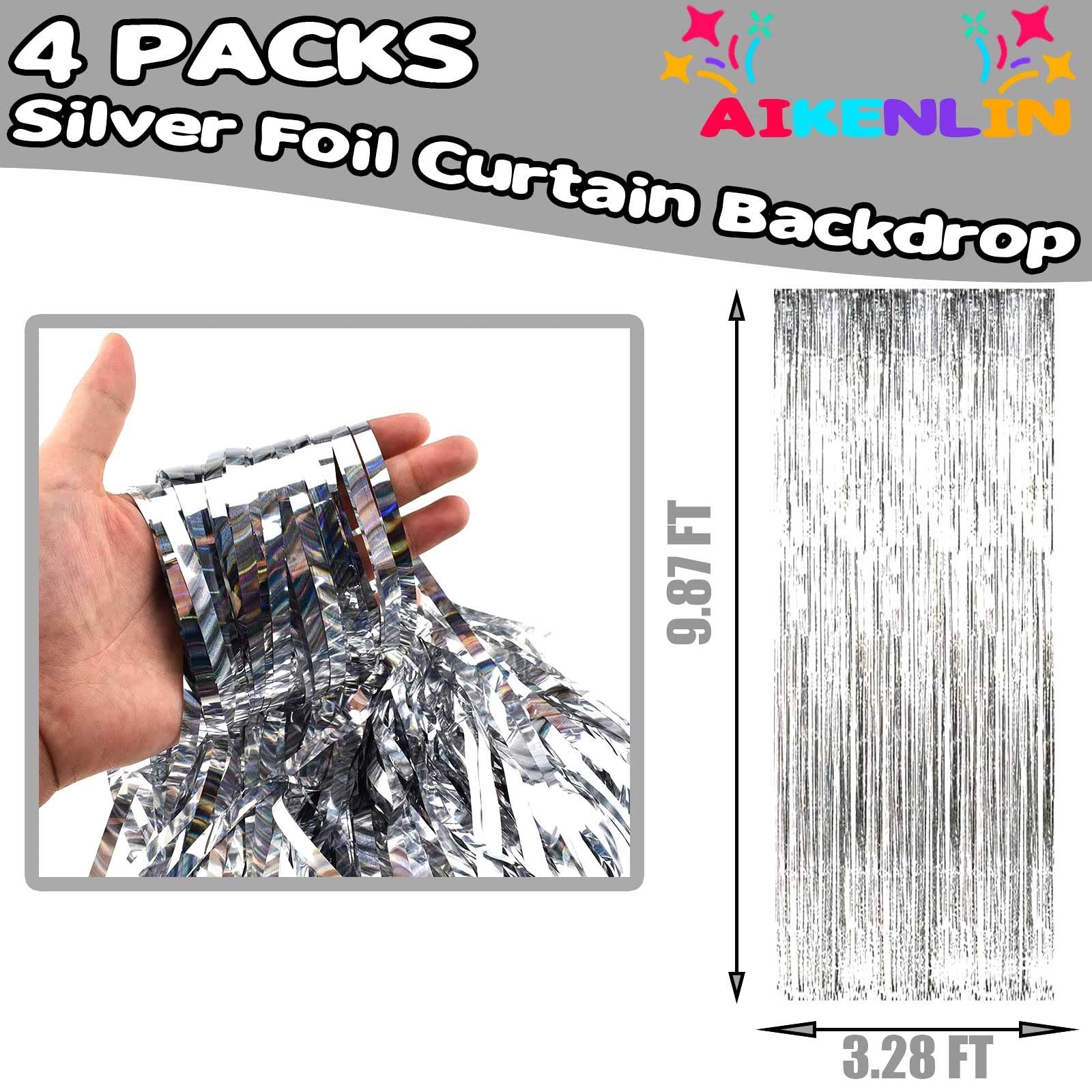 4 PCS 3.2×9.8ft Silver Foil Fringe Curtain Backdrop Metallic Tinsel Streamer