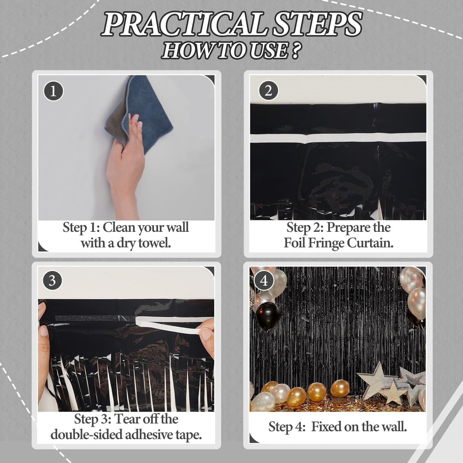 3 Pack Foil Fringe Backdrop – Black Shiny Tinsel Curtains for Party 3.3×8.2 FT
