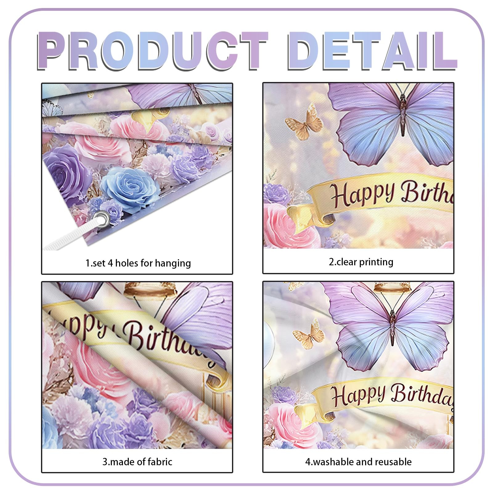 Butterfly Birthday Decorations Backdrop for Women Purple Happy Birthday Banner..