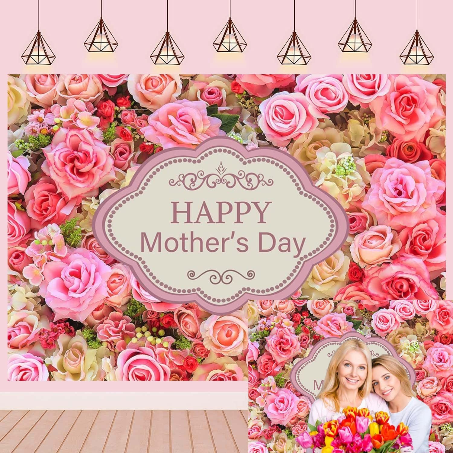 Mother’s Day Flower Backdrop Pink Rose Photography Background Props 7×5 FT