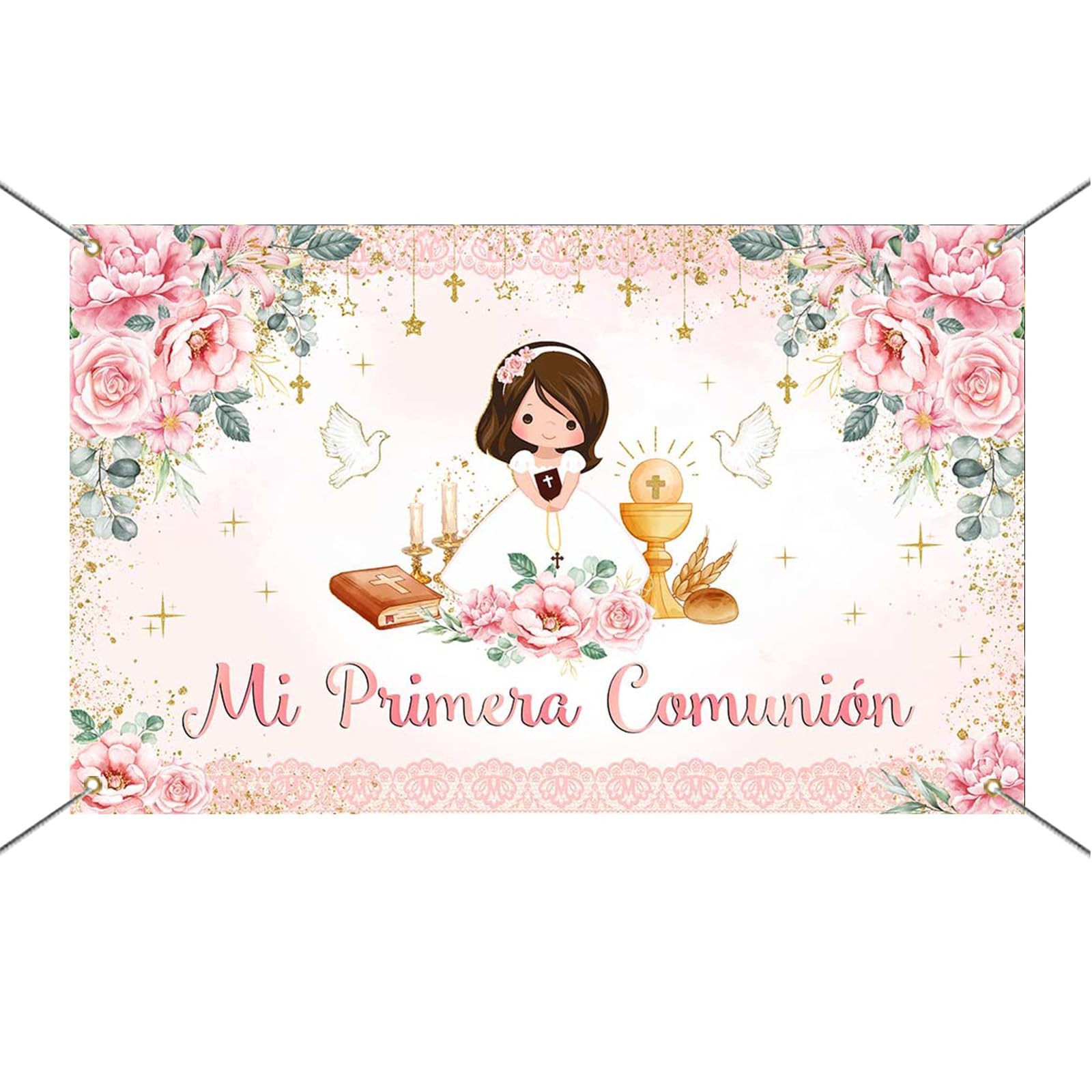 Mi Primera Comunion Banner Baptism Backdrop for Girls Pink Floral God Bless F…