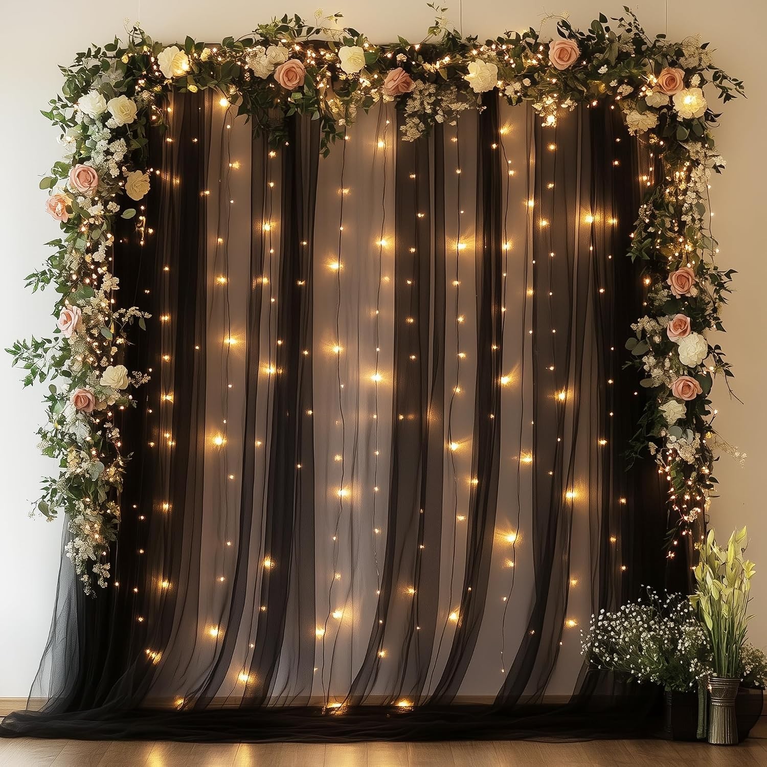 Tulle Backdrop Curtain W/ Lights String 10FT X 10FT Ivory Sheer Tulle Backdrop