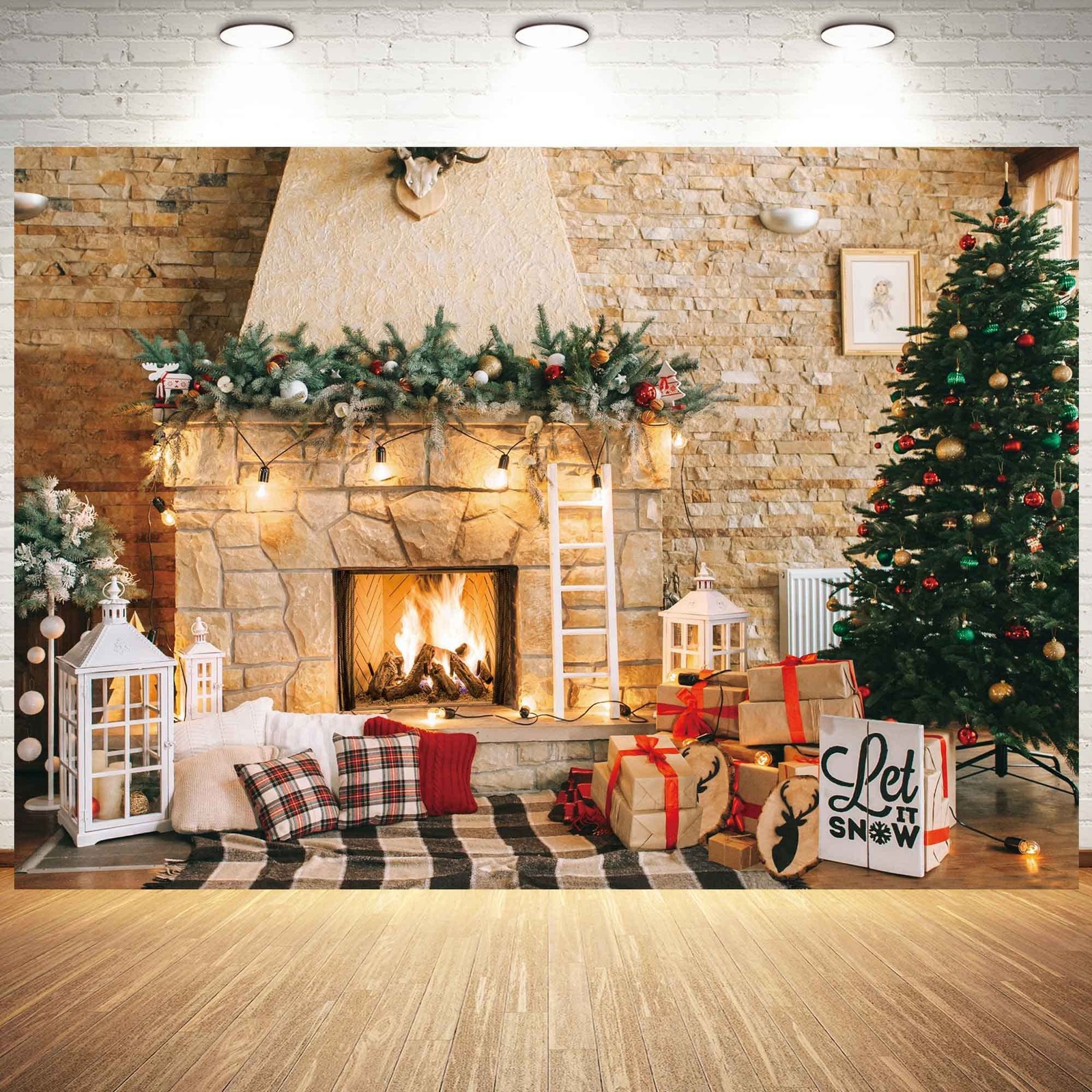 Haboke 7x5ft Christmas Fireplace Theme Backdrop for Photography 7’x5′, white