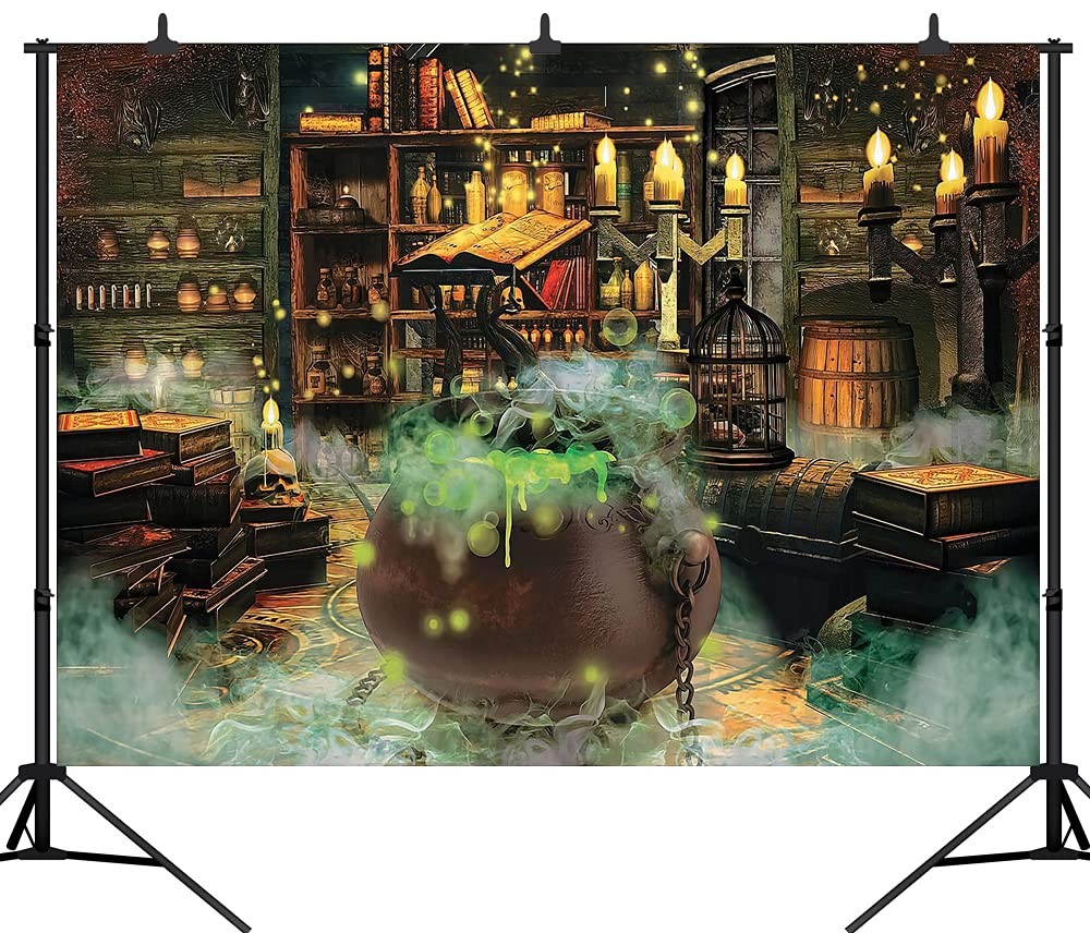DePhoto Halloween Photo Backdrop Witch Magic Cauldron Bookshelf Spooky 7’X5′