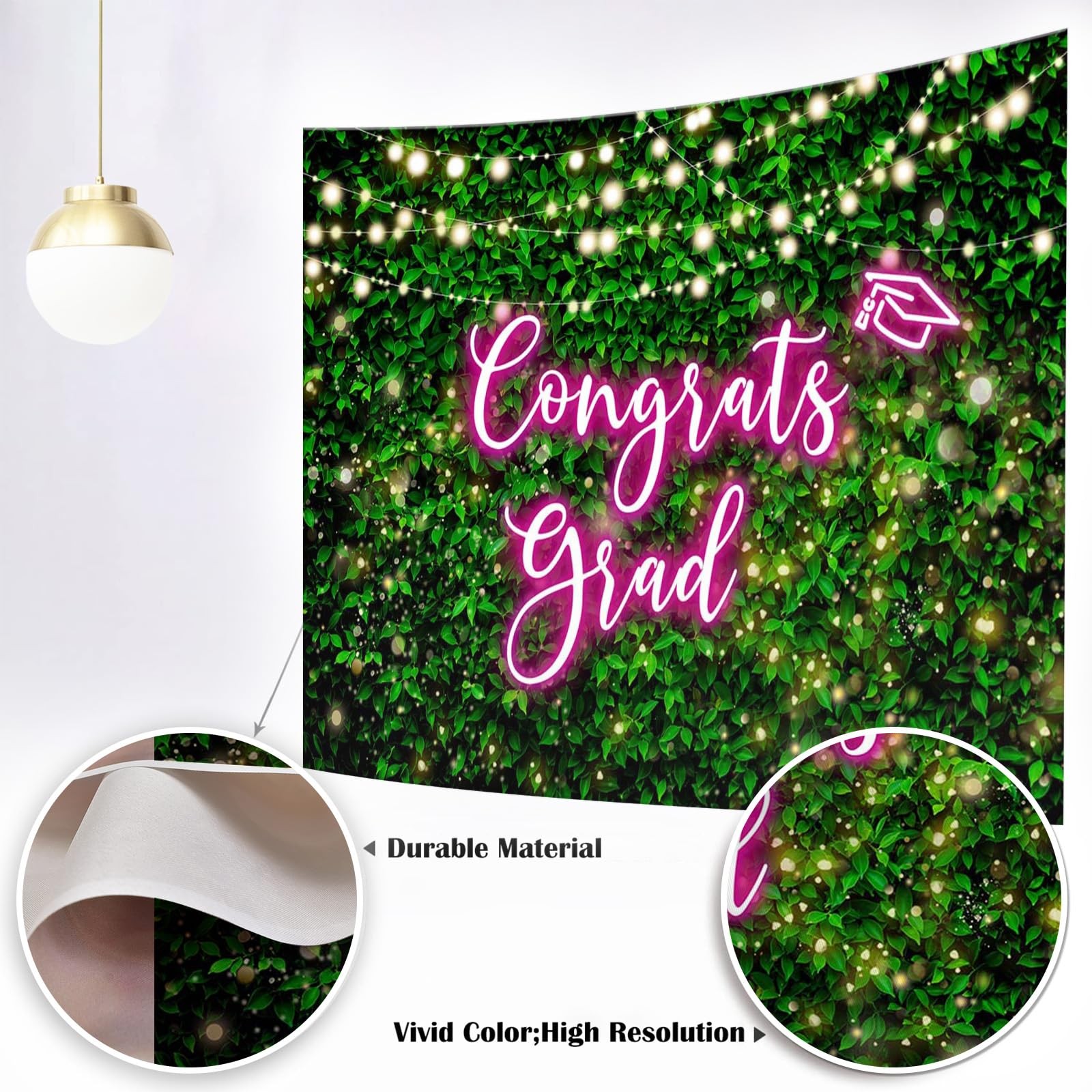 2025 Congrats Grad Backdrop Green Leaves Graduation Decoration Pink 7x5ft