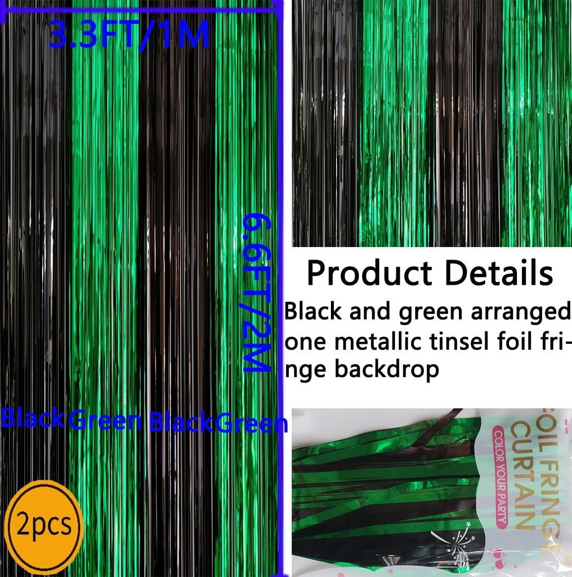 2 Pack 3.3×6.6ft Black Green Metallic Tinsel Foil Fringe Backdrop Window Door…