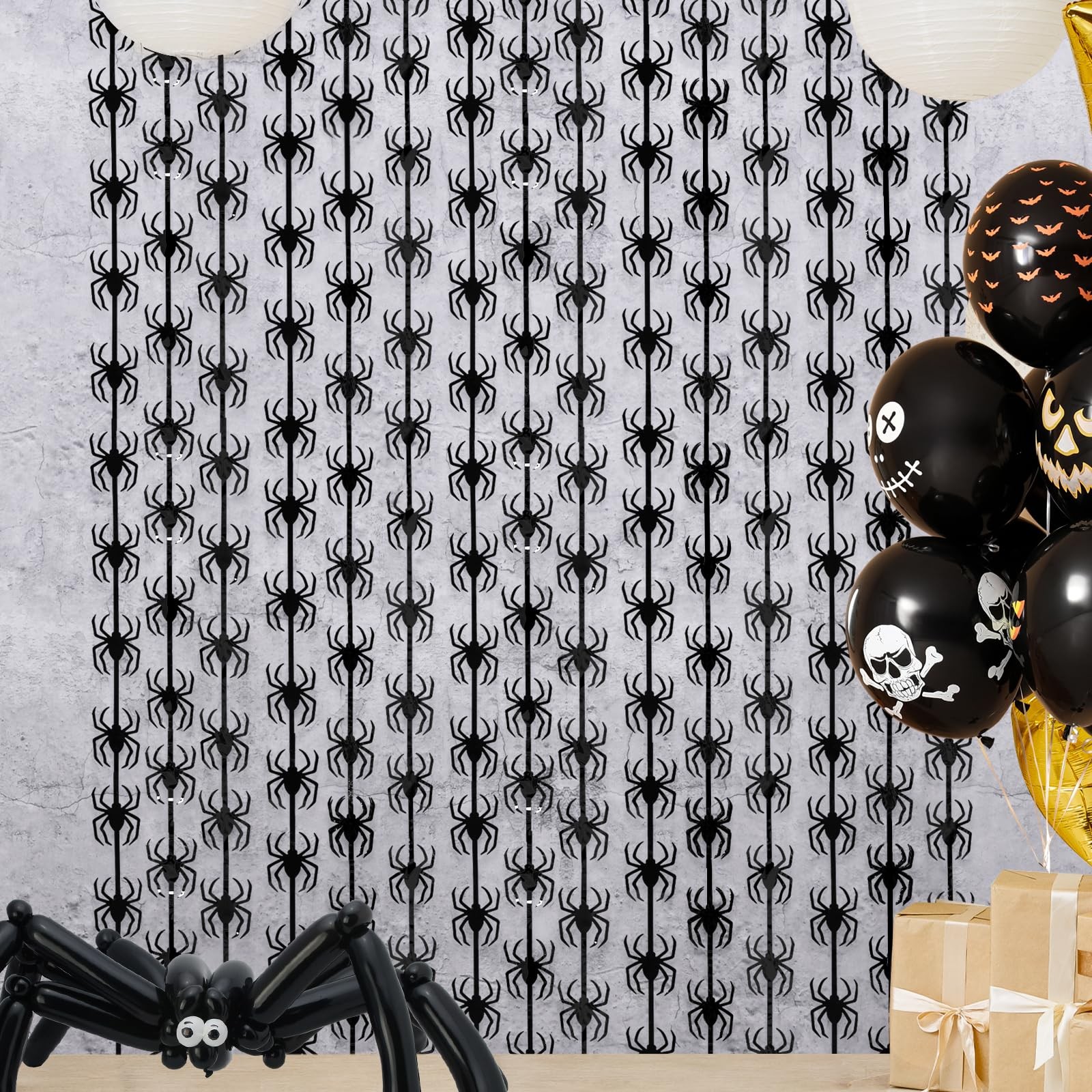 Halloween Spider Tinsel Foil Fringe Curtains 2 PCS Photo Booth Backdrop Decor