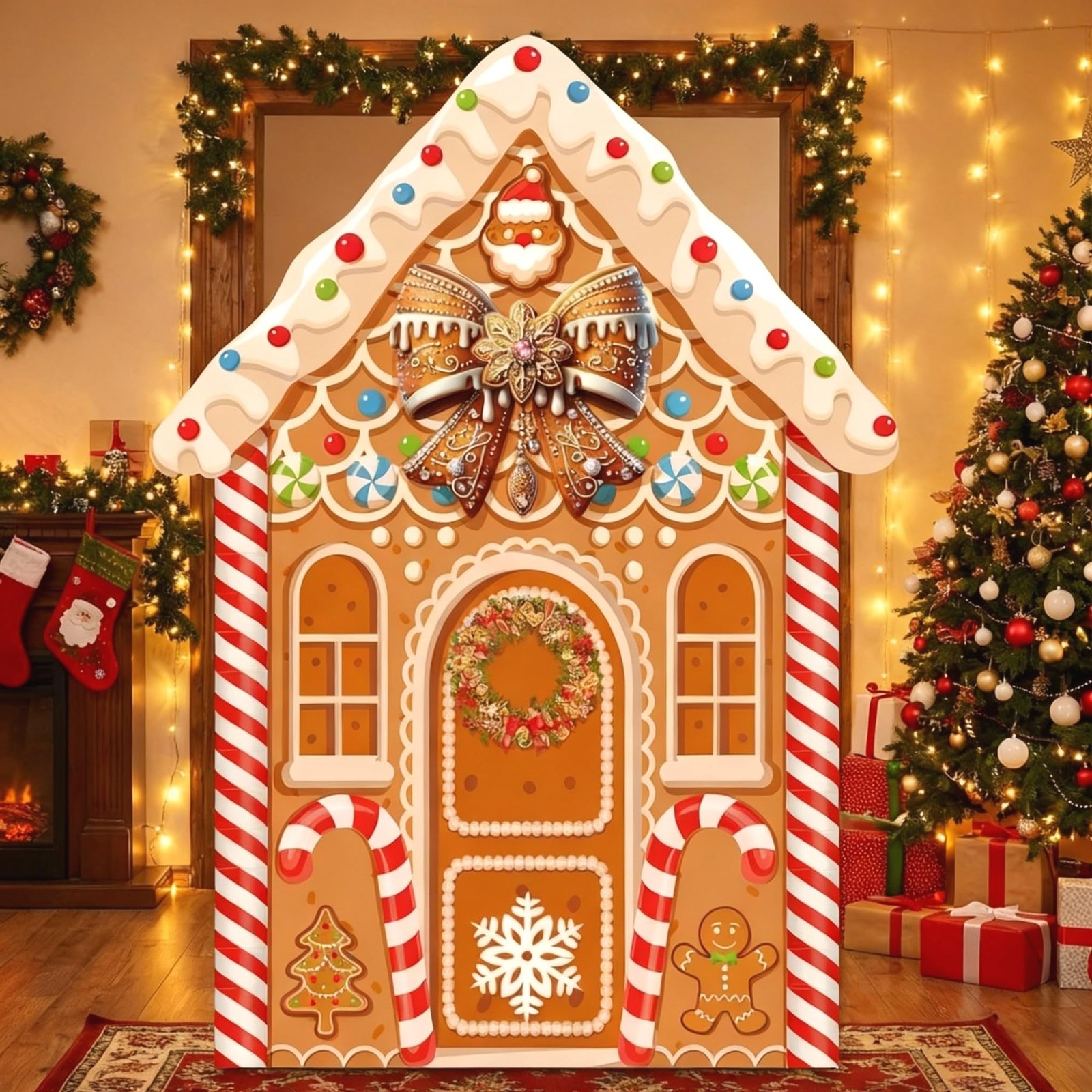Large Christmas Gingerbread House Backdrop Fabric Candy Photo Prop 8×6 Ft