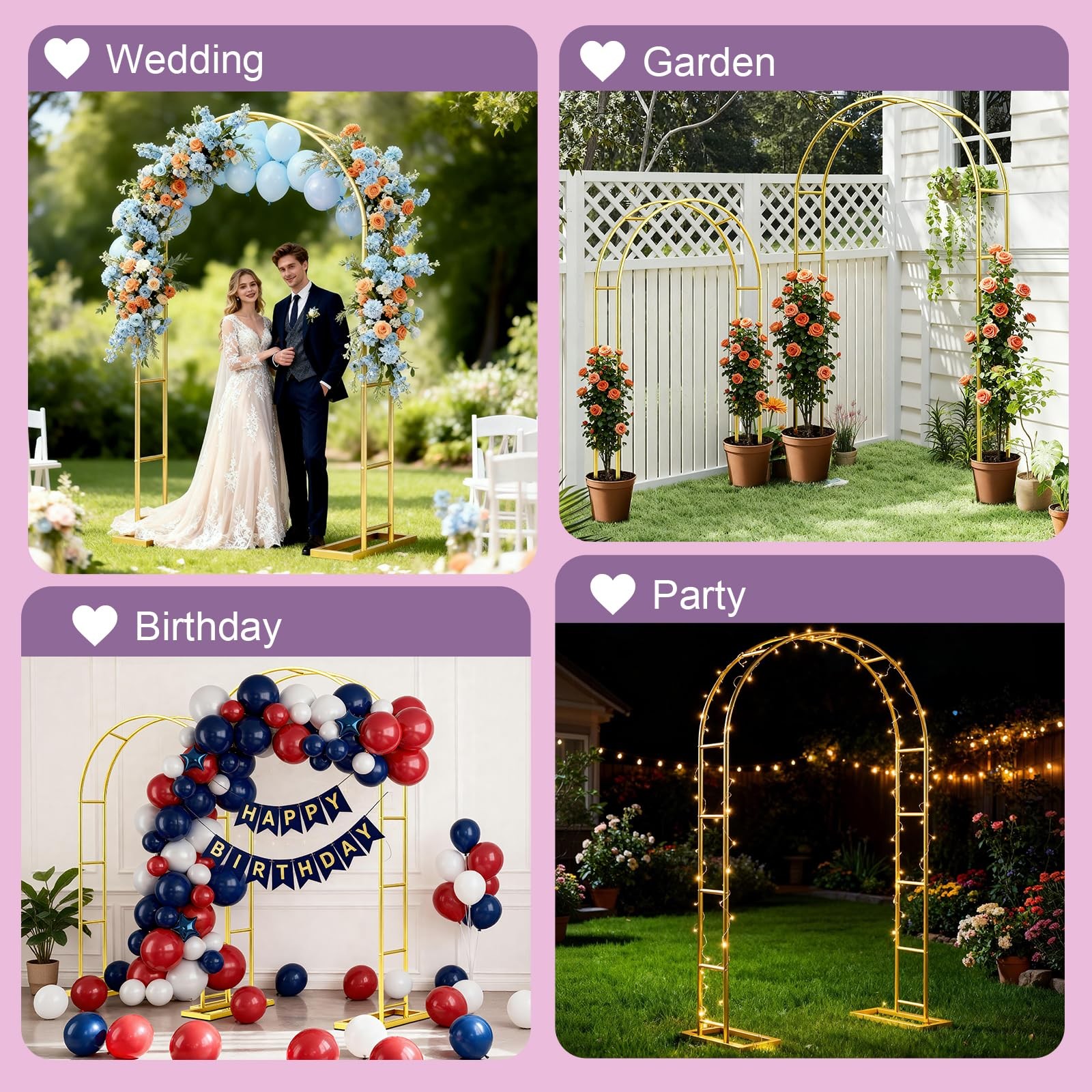 Metal Garden Arch Trellis Arbor Set of 2, 7.2FT+6FT Wedding Arch Stand with S…
