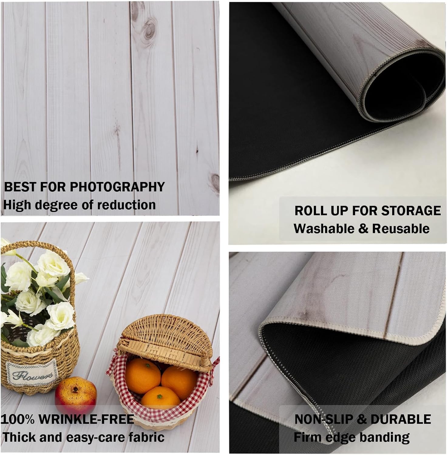 Kate White Wood Photography Mat Non-Slip Rubber Floor 8x5ft,