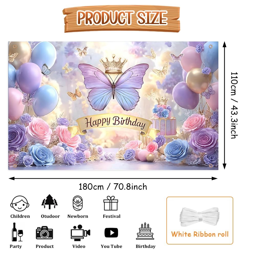 Butterfly Birthday Decorations Backdrop for Women Purple Happy Birthday Banner..