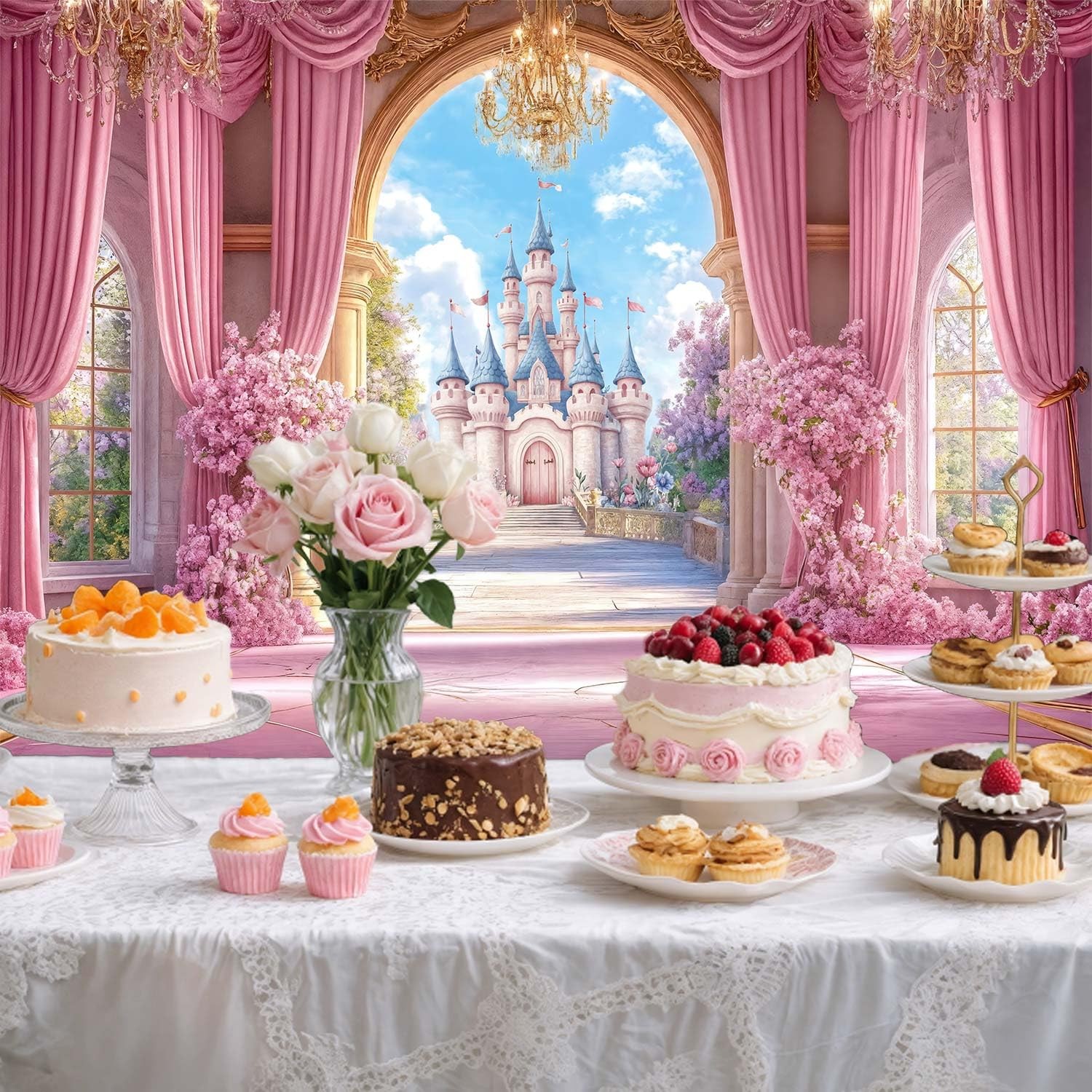 10X8ft Princess Castle Backdrop Pink Fairy Tale Wonderland Floral Arch Girls …