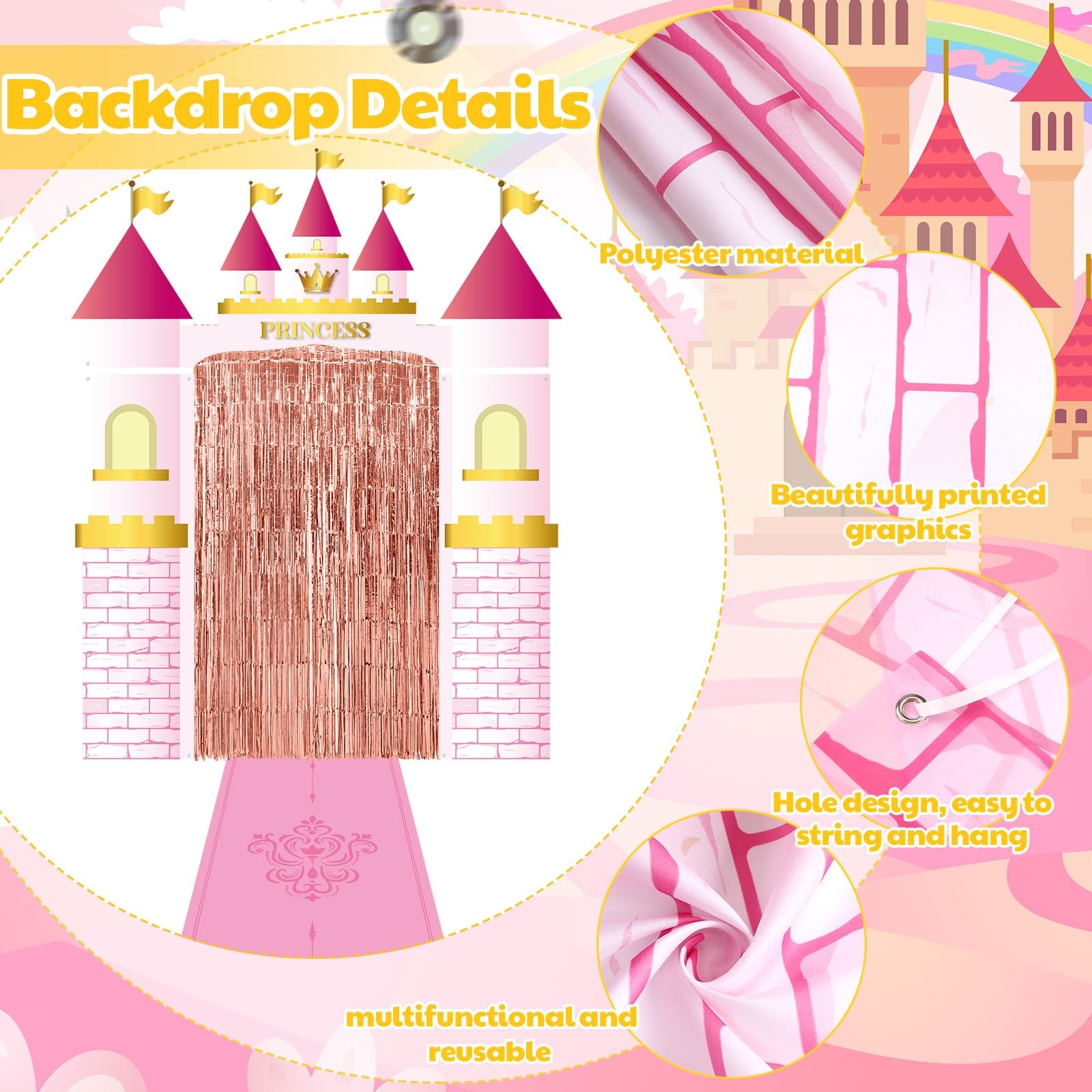 7pcs Princess Party Decorations Castle Porch Banners Pink Rug Rose Foil Fring…