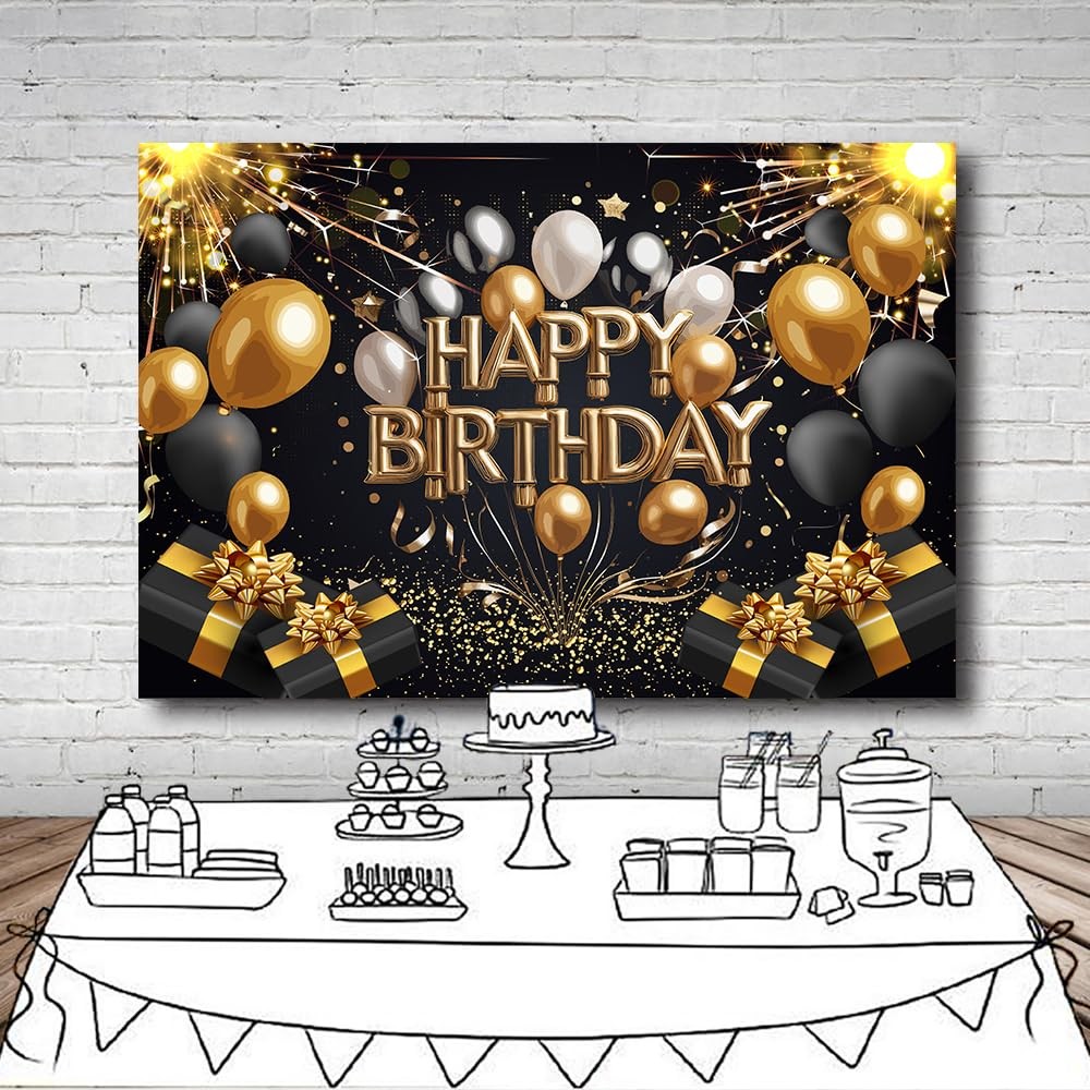 DePhoto 7x5Ft Black Gold Happy Birthday Backdrop Gold and Black Glitter Balloon