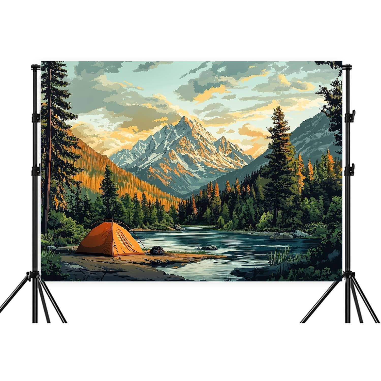 10X8ft Nature Mountain Forest Camping Backdrop Scene Orange Tent Camping Adve…