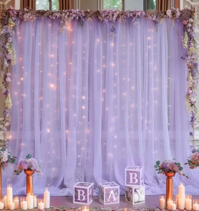 30x8ft Purple Tulle Backdrop Curtain with Lights String for Parites, Sheer Photo