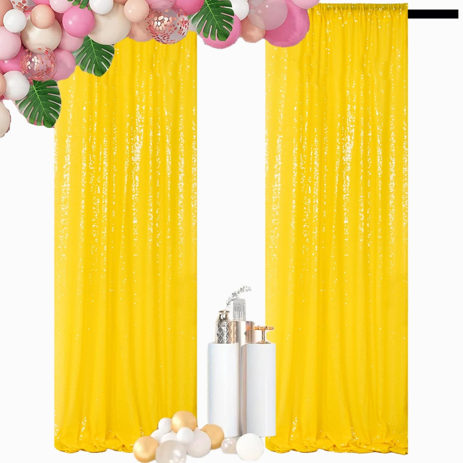 2 Panels 2×8 FT Yellow Sequin Curtains Photography Backdrop Prom Party Wedding