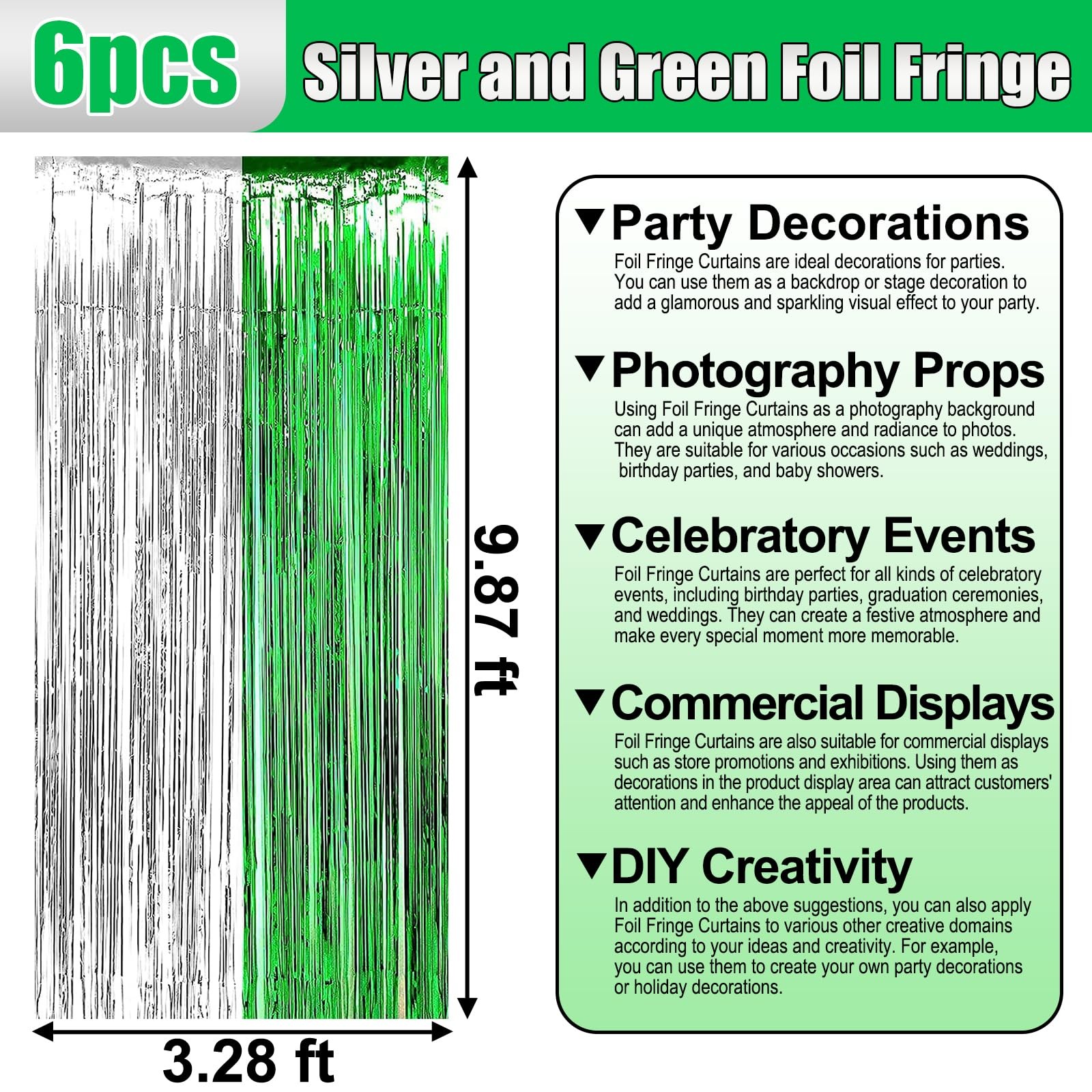 Silver Green Metallic Tinsel Foil Fringe Streamer Curtain Backdrops 6 Pack