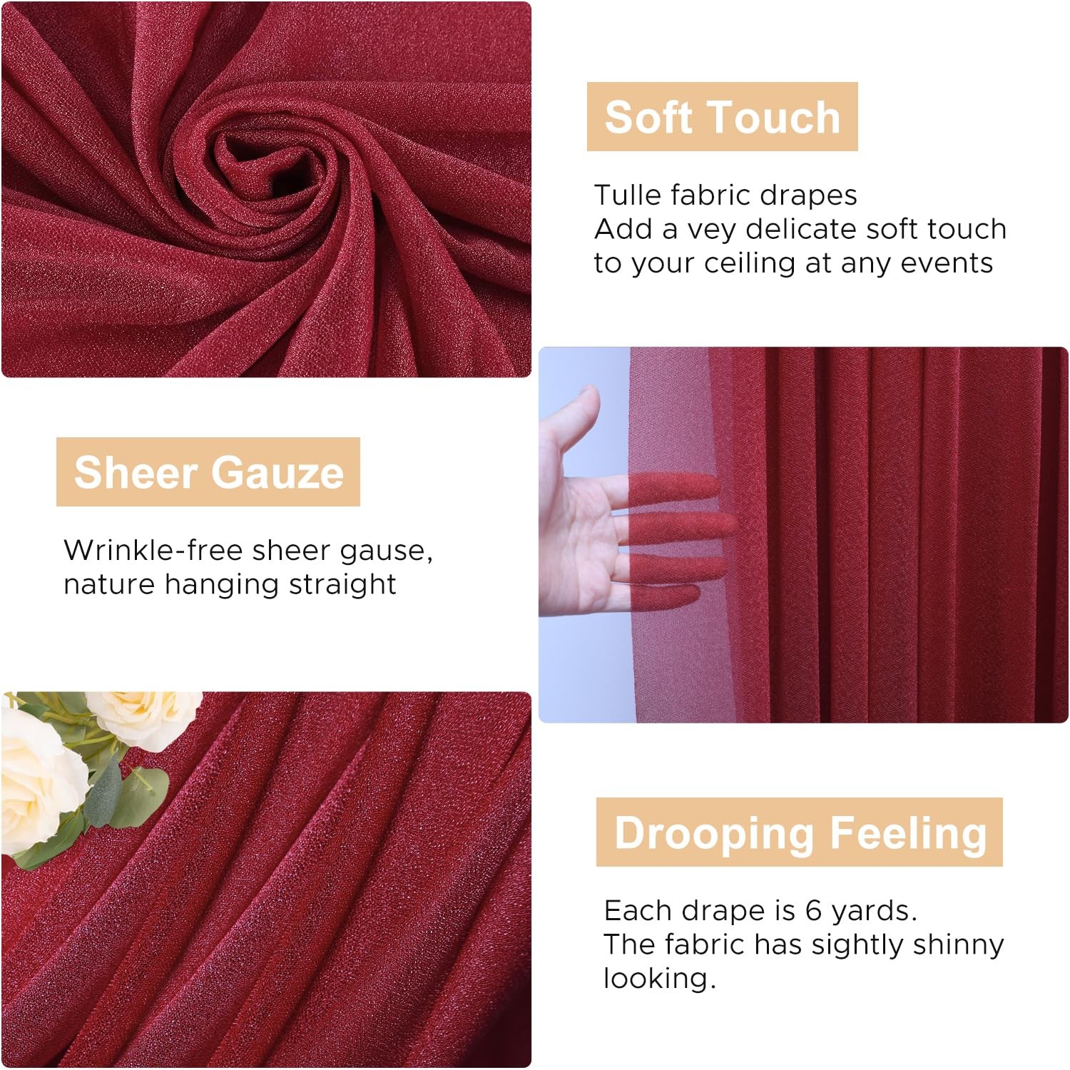 Burgundy Wedding Arch Draping Fabric Sheer Backdrop Curtain 28.7 Inch x 20FT