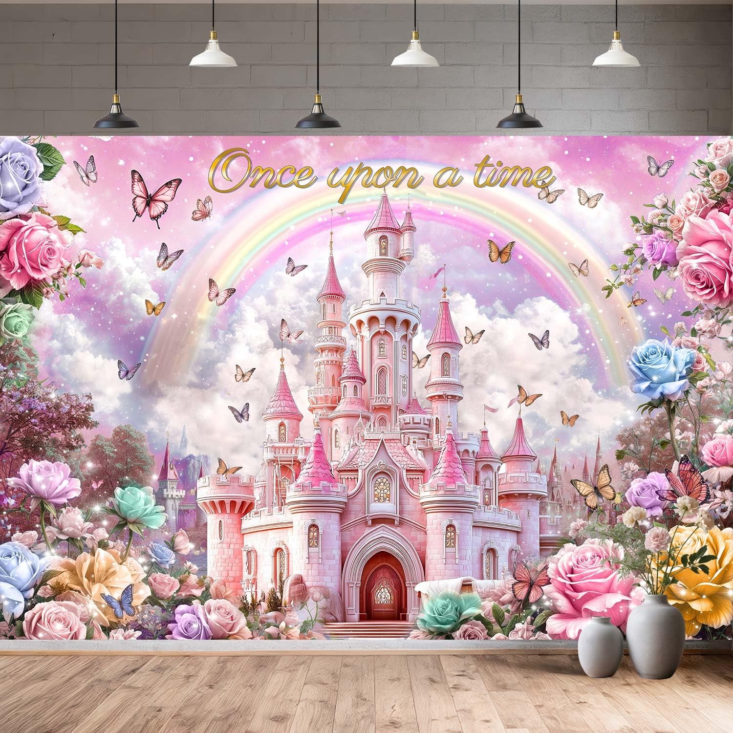 10X8ft Princess Happy Birthday Backdrop for Girls Kids Pink Castle Rainbow Bu…