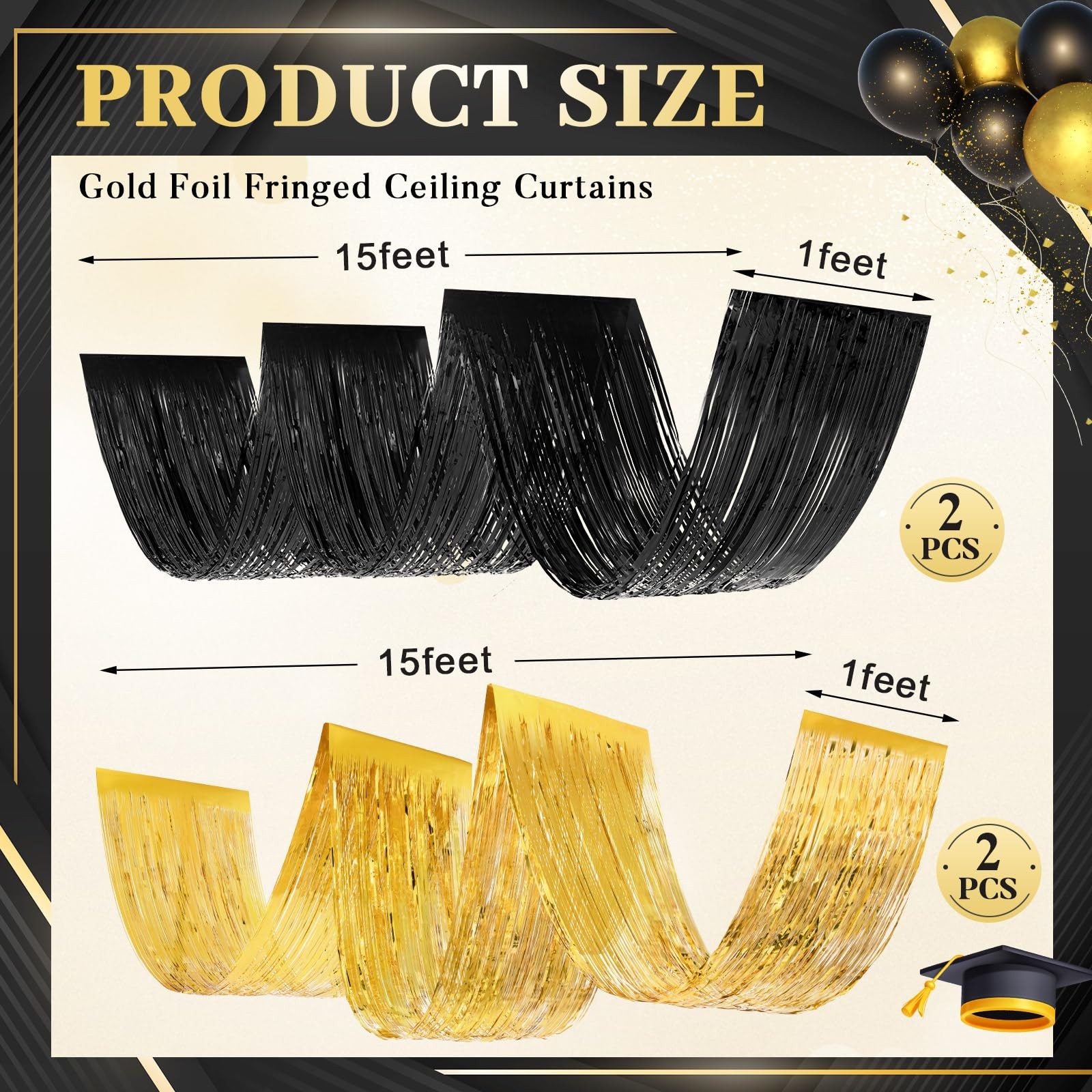 4 Pcs 15ft Gold Black Metallic Foil Ceiling Fringe Curtains, Party Decor Frin…