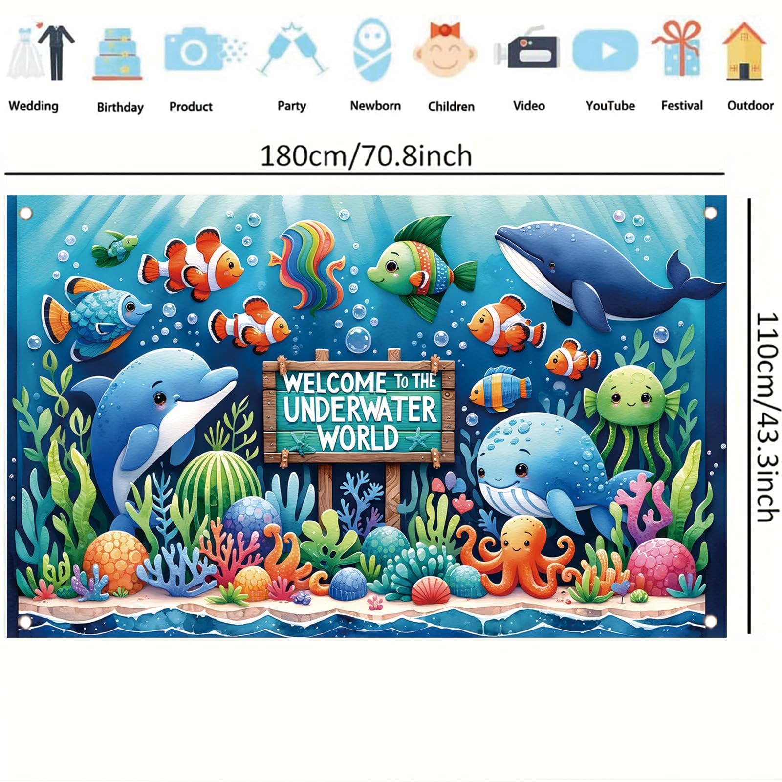 Underwater World Backdrop Banner Ocean Party Decoration Cute Sea Animal Banne…
