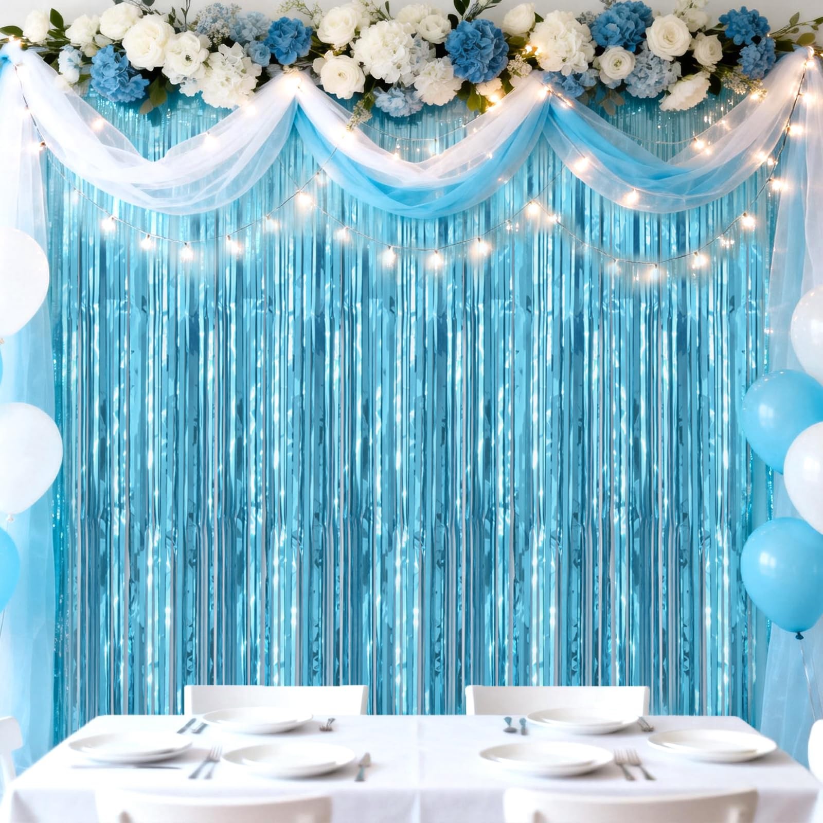 3 Pack Light Blue Tinsel Foil Fringe Curtain Party Photo Backdrop 3.2×6.5 FT