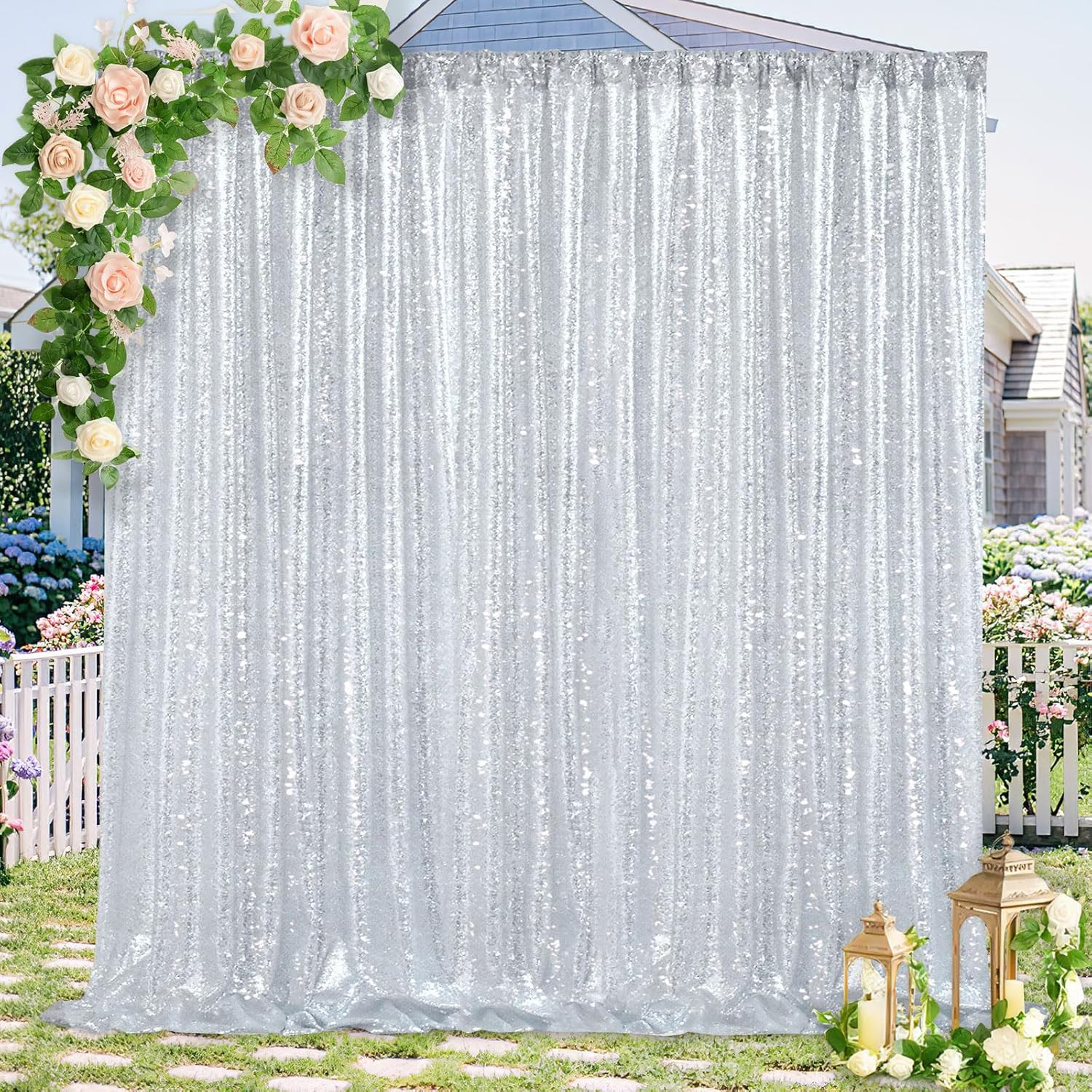 Silver Sequin Backdrop 7Ft X 7Ft Glitter Photo Booth Backdrop Curtains for Weddi