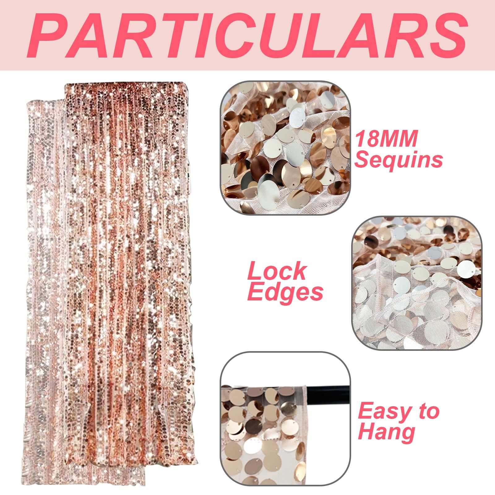 Rose Gold Sequin Backdrop Curtains Drapes Panels Party Decor 9x9ft Big Sequin