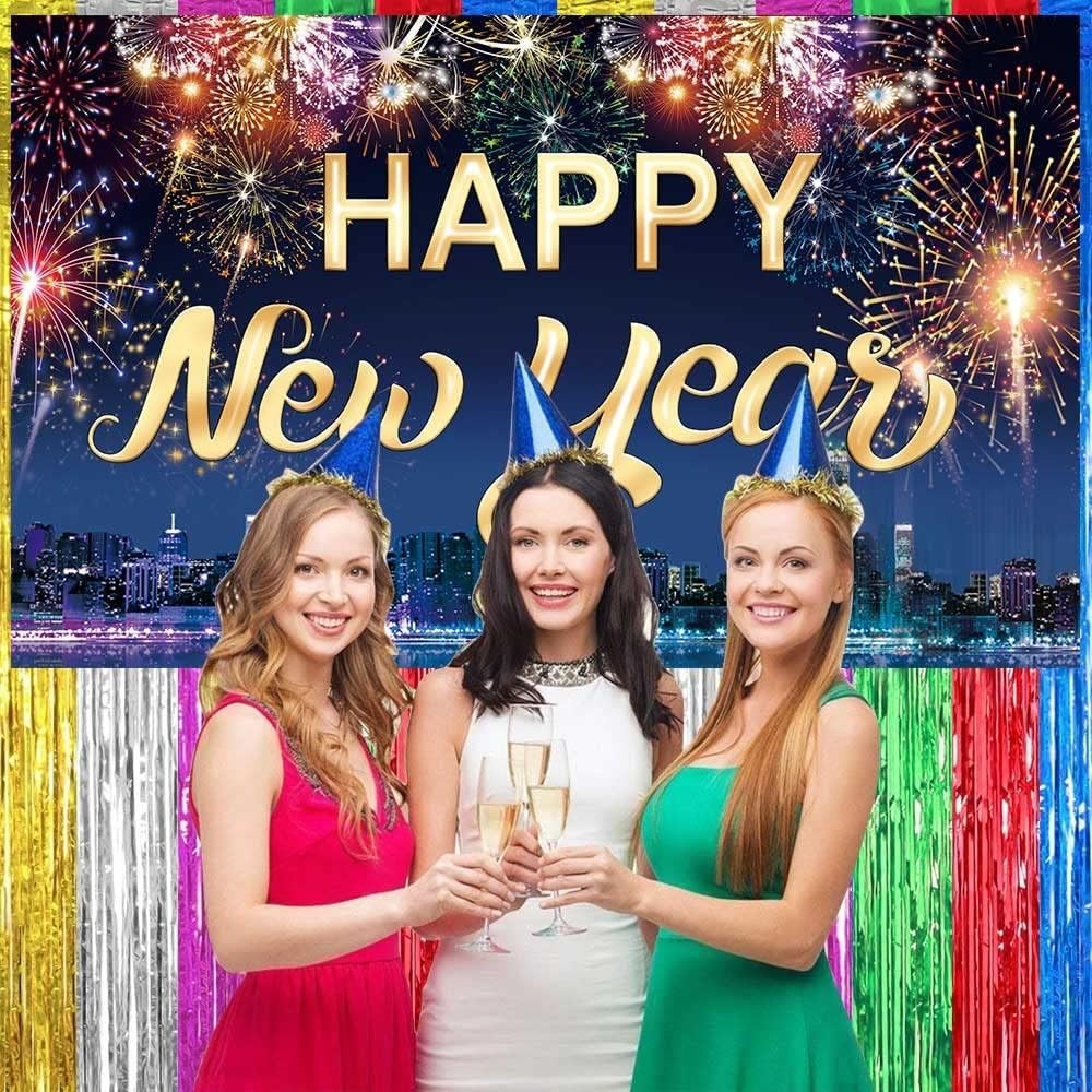 Famoby Happy New Year Fabric Sign Poster Banner Backdrop with Fireworks Large
