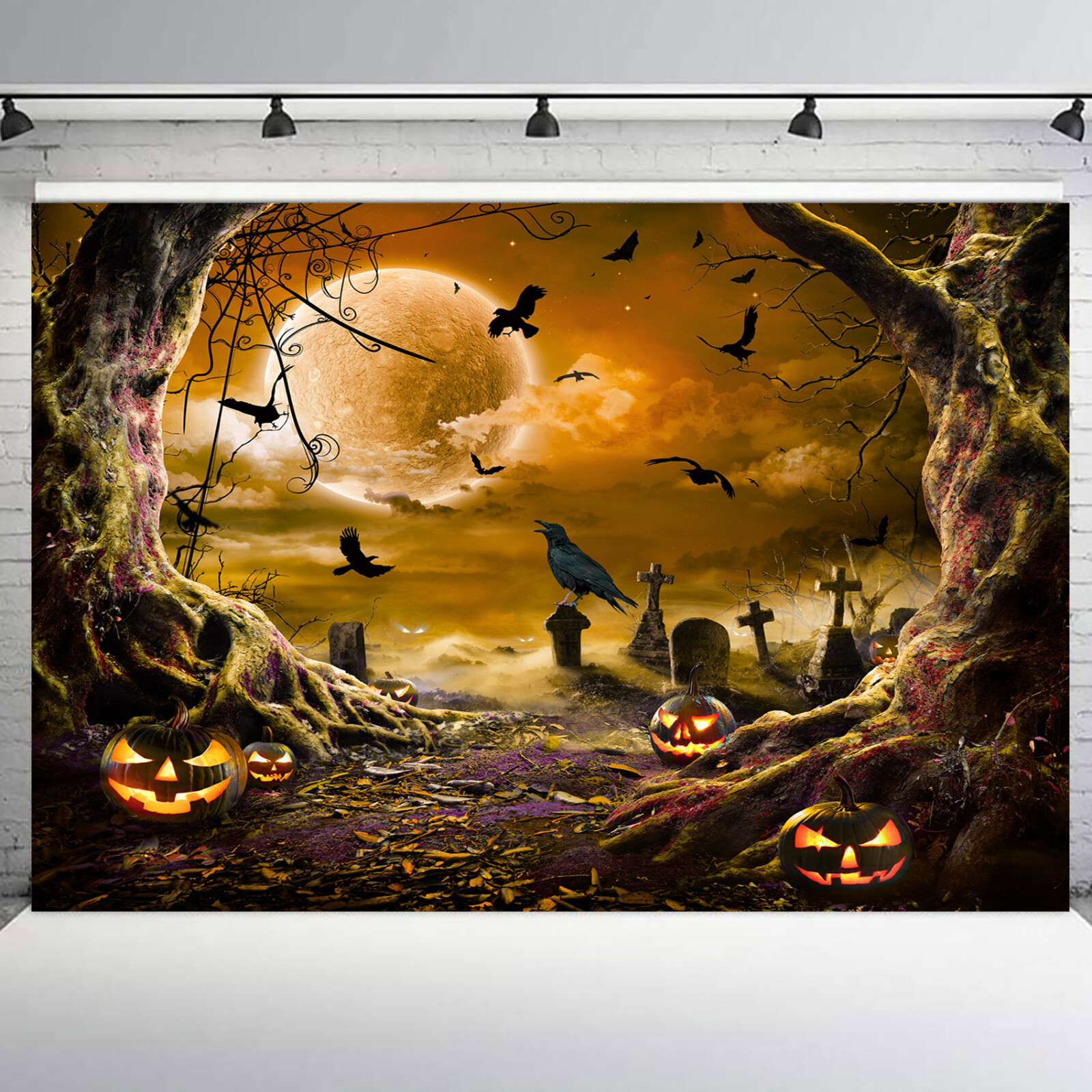 10x8ft Pumpkin Orange Full Moon Bat Halloween Photo Background Studio Props