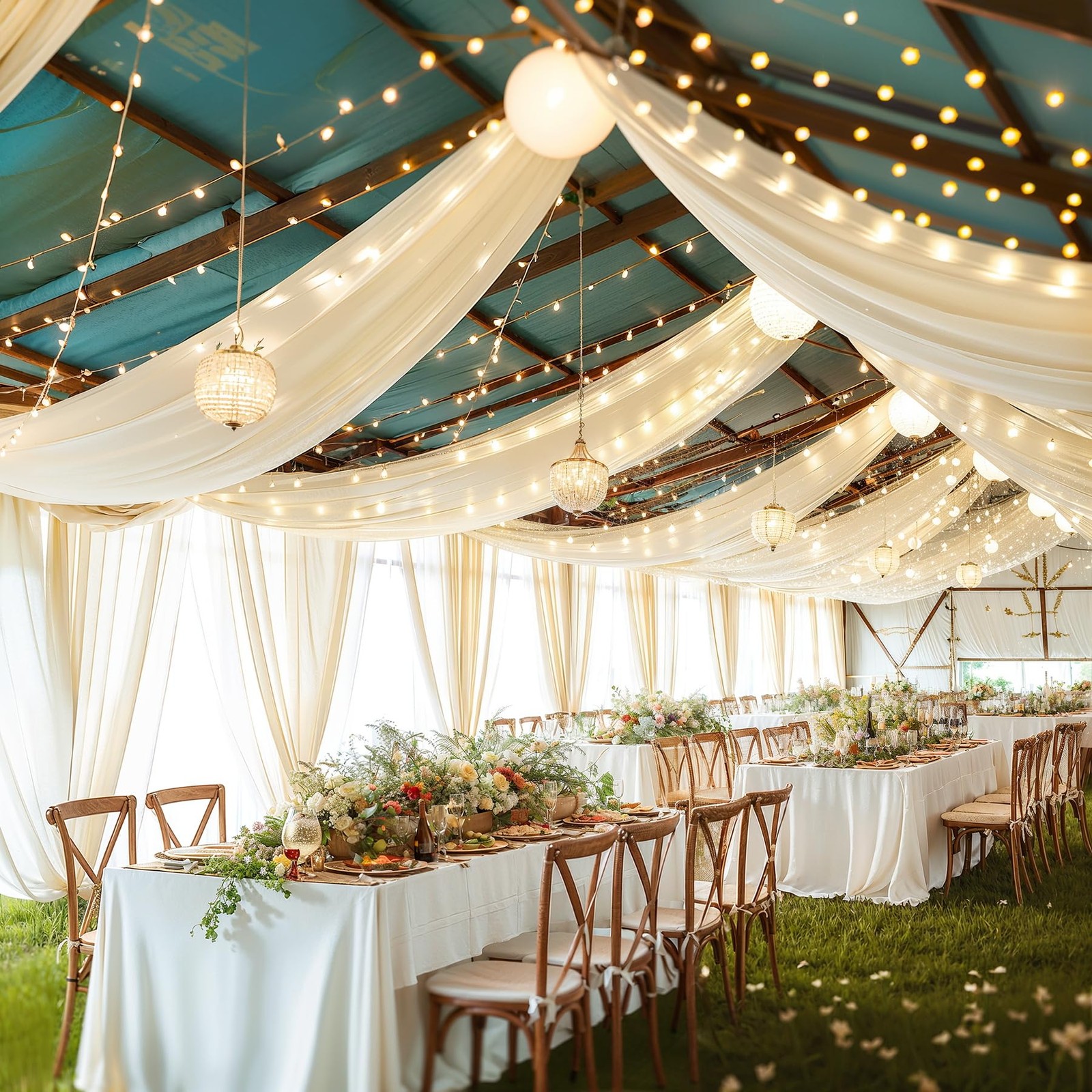 Ivory Ceiling Drapes with Lights – String Drapes for Wedding & Party Decorations