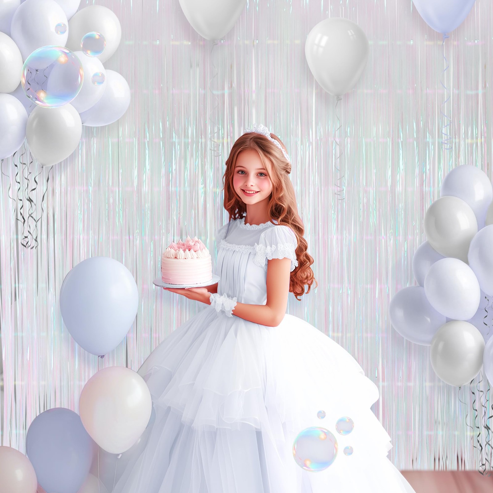 2 Pack White Iridescent Streamers Backdrop, 3.3×6.6ft Foil 2 Pack,