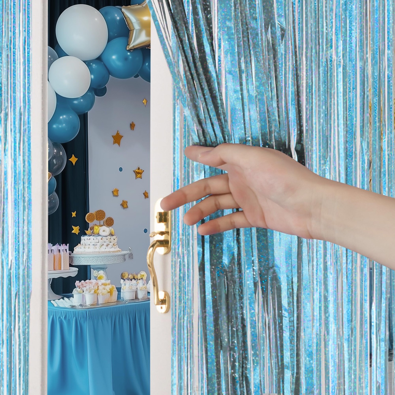 2 Pack Holographic Light Blue Fringe Backdrop 3.2×8.2 Ft Foil Tinsel Curtain