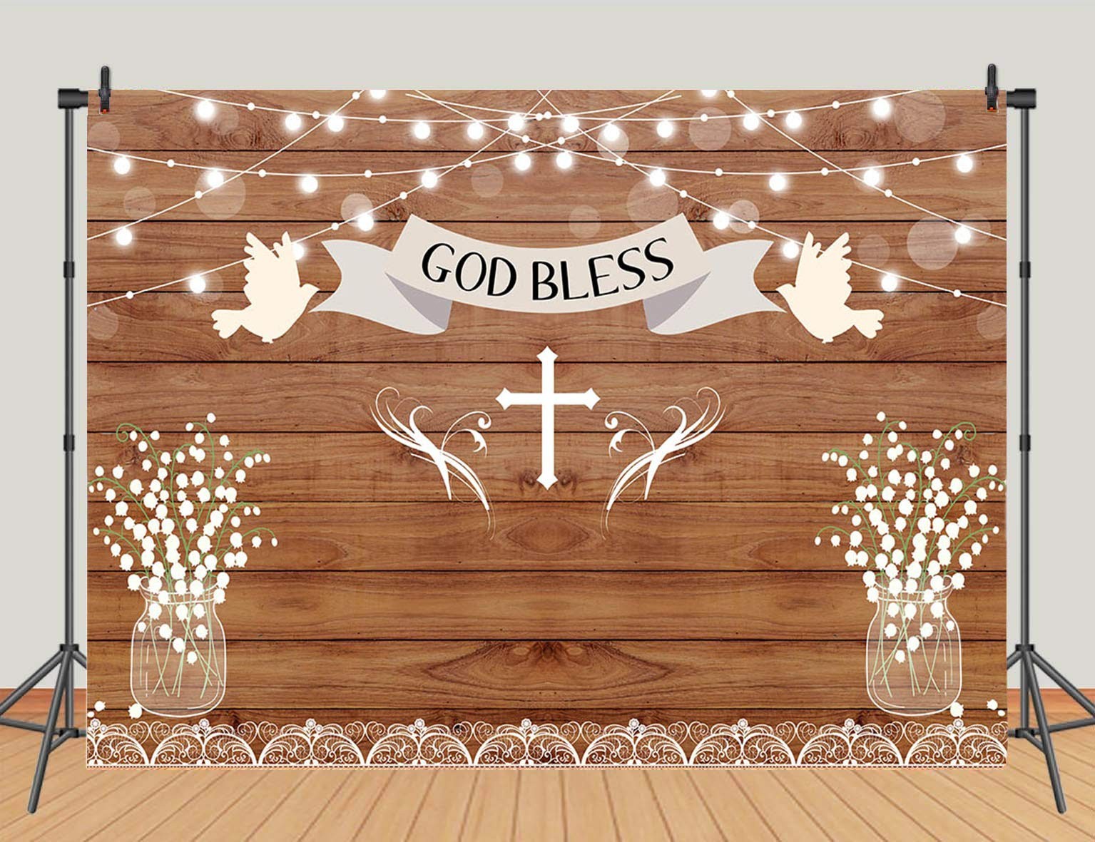 God Bless Baptism Backdrop Rustic Wooden Board Wall Sparkle 5×3 feets, White