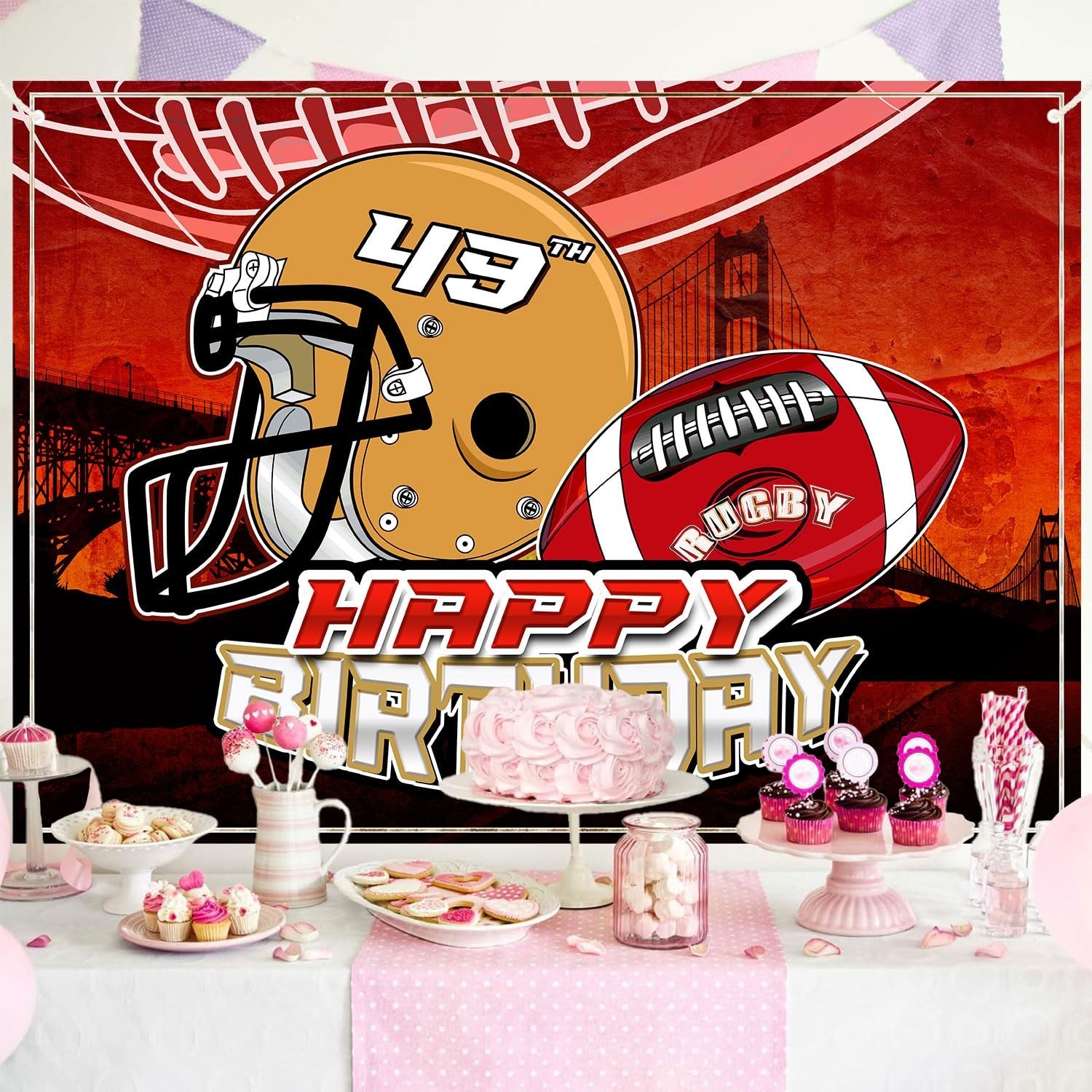 49″ Football Birthday Backdrop – Rugby Team, Golden Gate Bridge, 7x5ft Party Ban