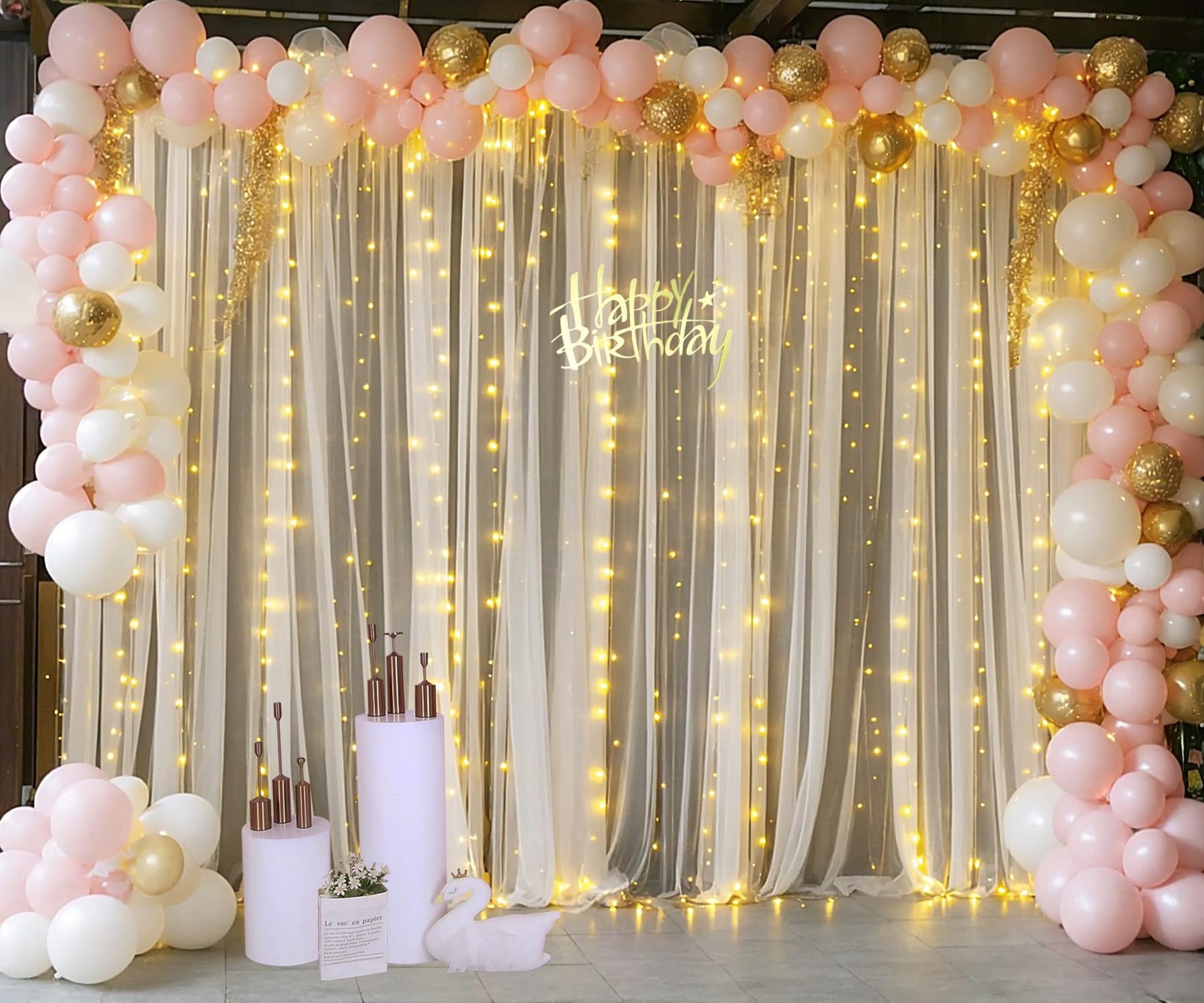 Champagne Tulle Backdrop Curtain with Lights String for Parites Wedding 5x8ft…