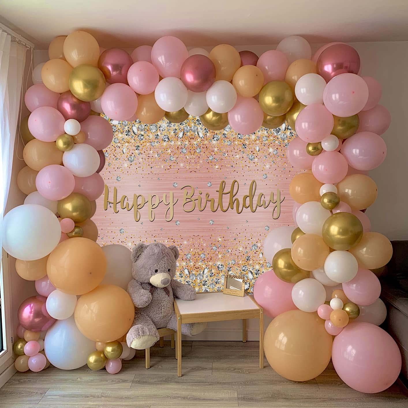 Happy Birthday Backdrop Pink and Rose Gold Dot Glitter Sparkle Party Decorations