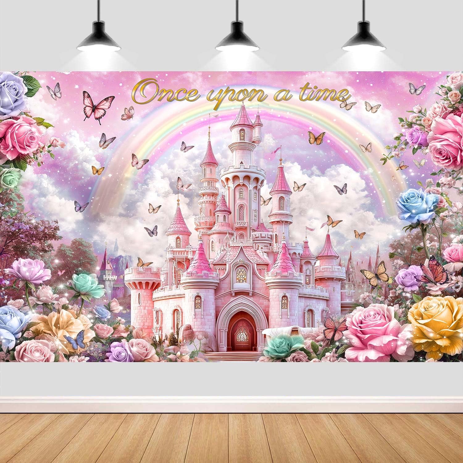 10X8ft Princess Happy Birthday Backdrop for Girls Kids Pink Castle Rainbow Bu…